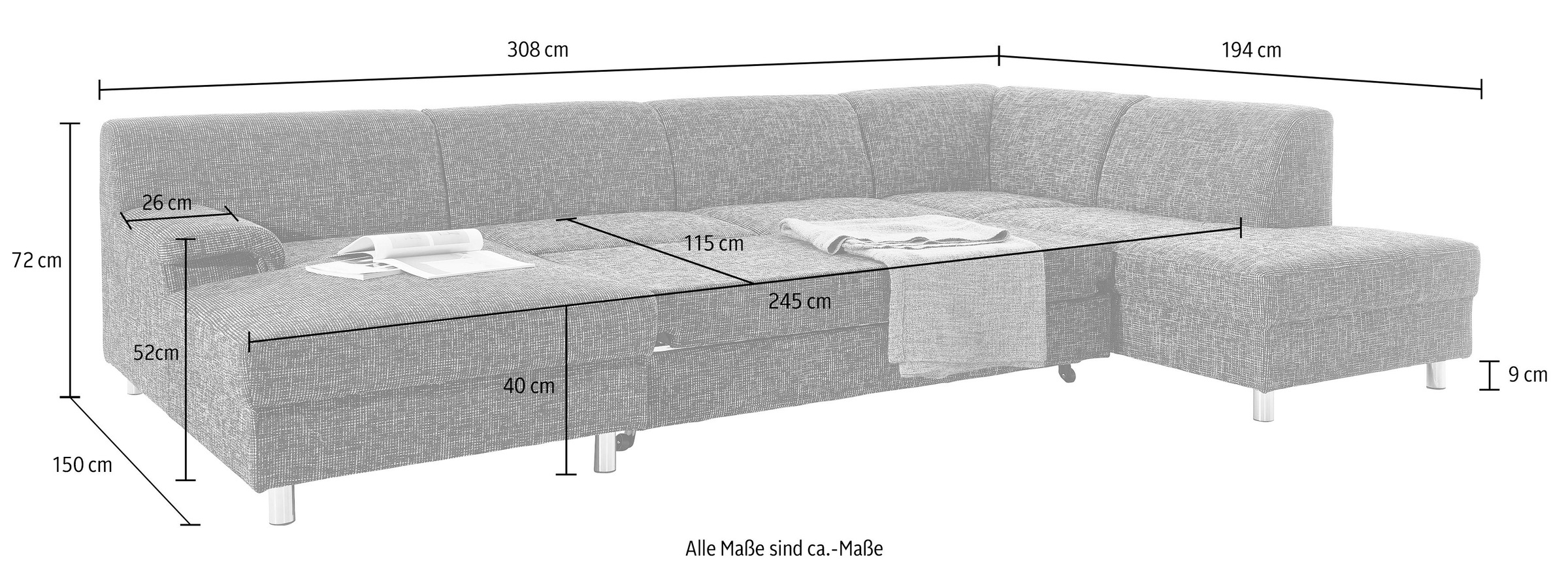 INOSIGN Wohnlandschaft »Jamie, zeitloses Design, fester Sitzkomfort, viel Platz, U-Form«, wahlweise mit Bettfunktion