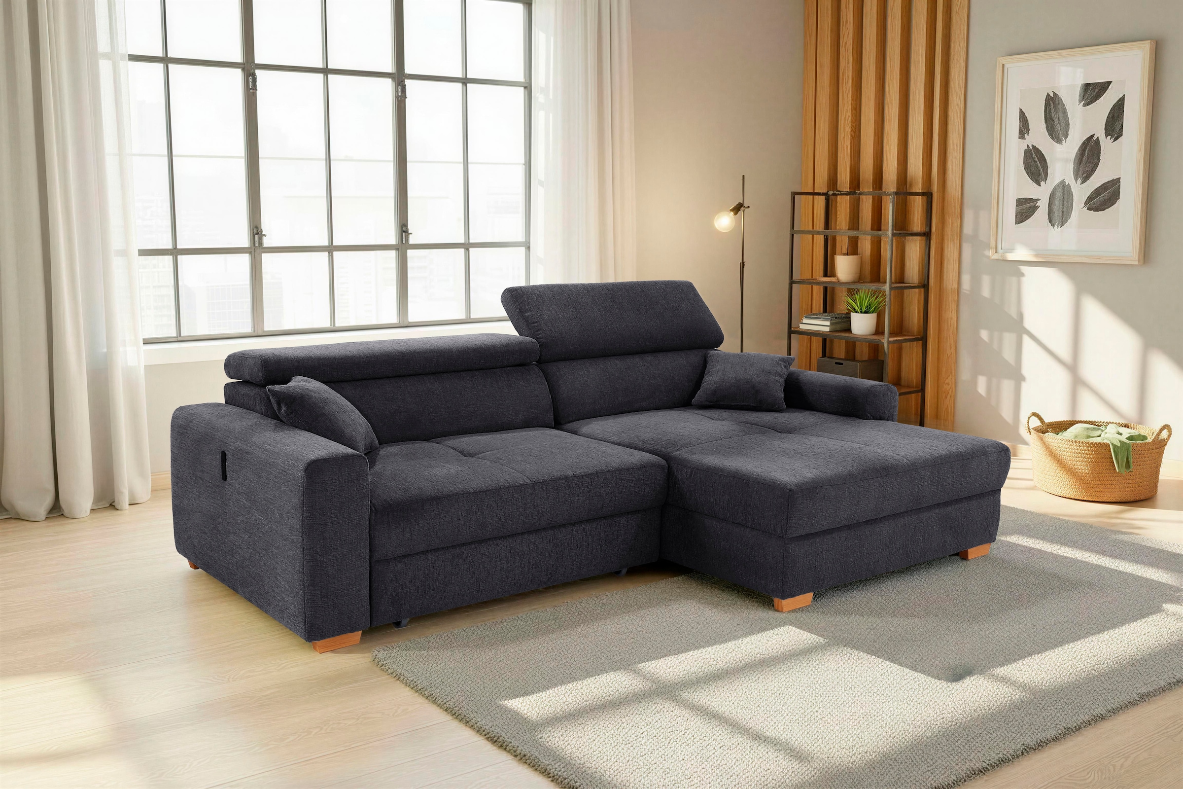 Jockenhöfer Gruppe Ecksofa "Slider L-Form, B: 277 cm Couch, 60cm elektrische Sitztiefenverstellung" 140kg Belastbarkeit, USB-Anschluss, Kopfteilverstellung & Zierkissen