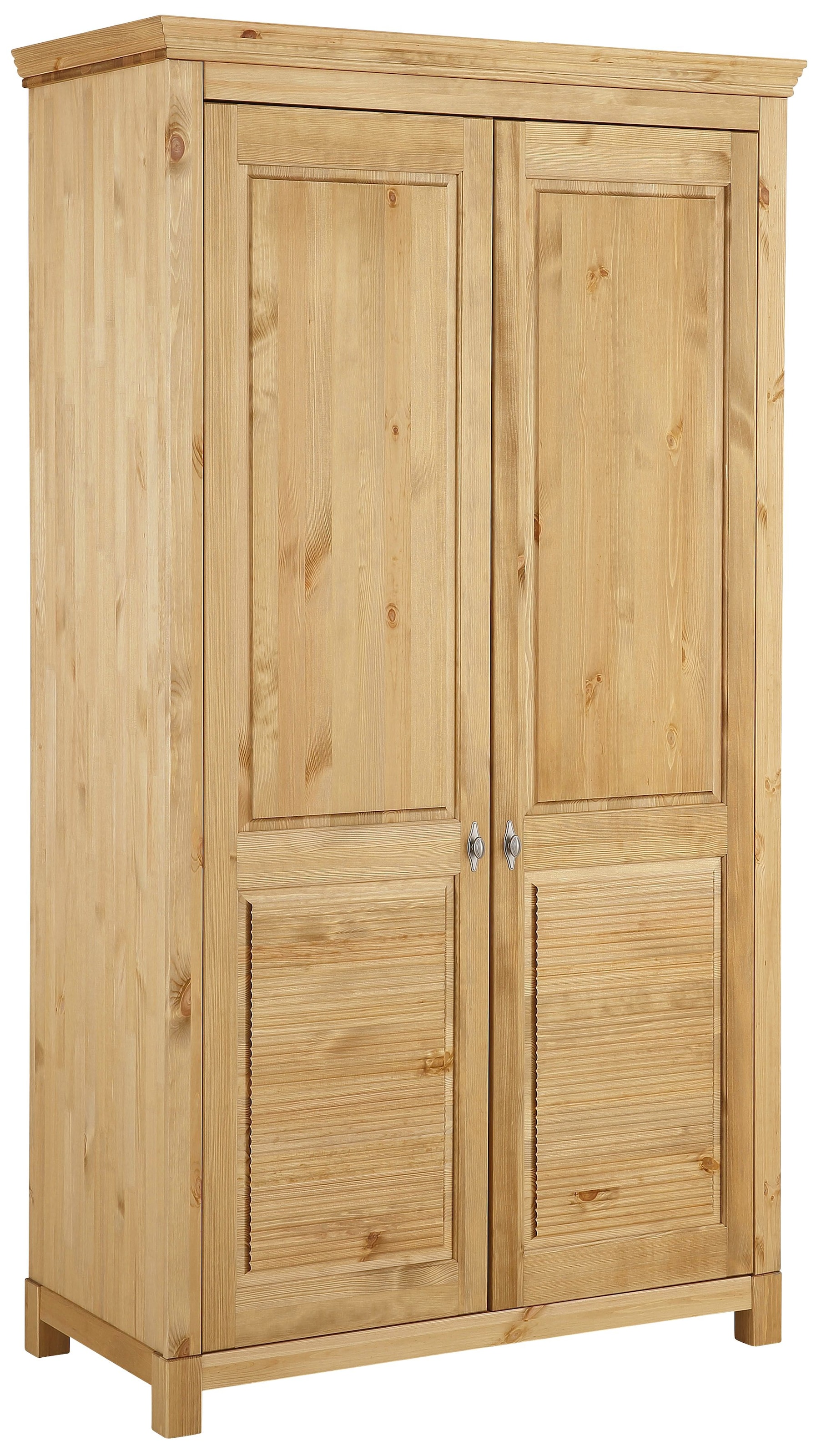 Home affaire Kleiderschrank »Rauna, mit Lamellen und Kassetten, klassischer Landhausstil, rustikal«, (2 Breiten: 113/159 cm H/T ca. 195/60 cm), massive Kiefer, Metallgriffe, mehrere Varianten, zeitloses Design