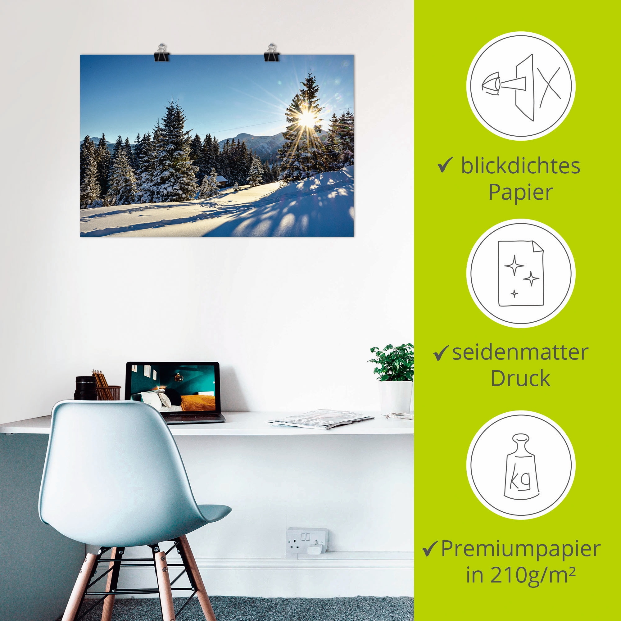 Artland Poster »Winterlandschaft mit Sonnenstern«, Berge, (1 St.), als Alubild, Leinwandbild, Wandaufkleber oder Poster in versch. Grössen