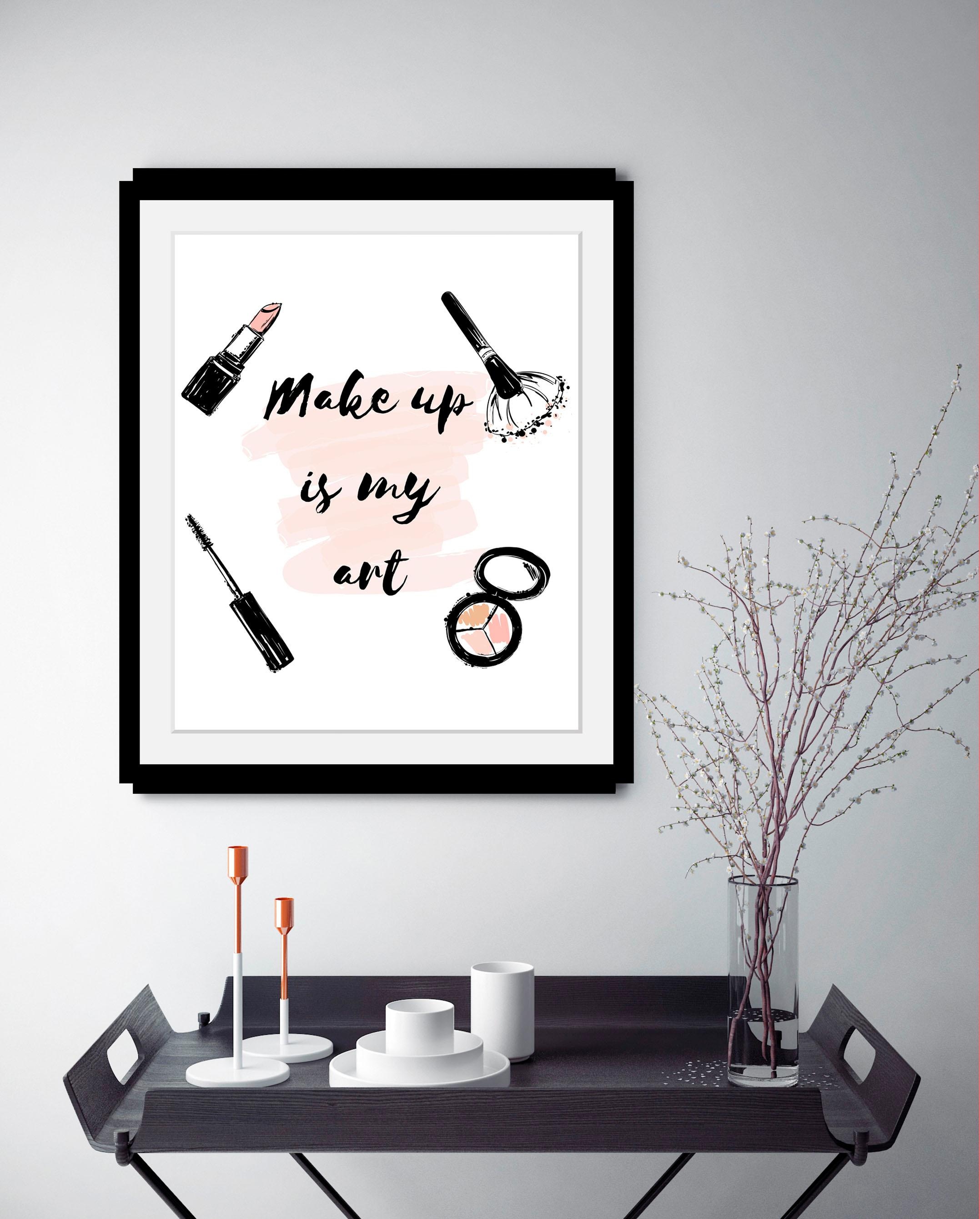 queence Bild »Make up«, Schwarz-Weiss-Schriftzug-Motivationsbilder-Fashion-Frau, HD Premium Poster-Druck inkl. Holzrahmen