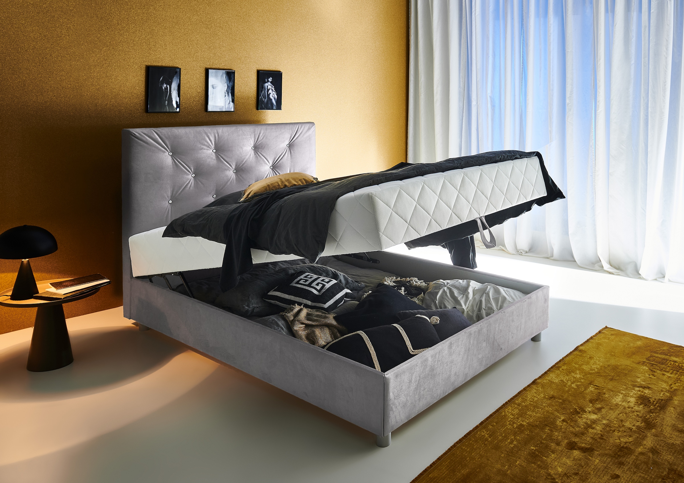 ATLANTIC home collection Boxbett »CELIA im hochwertiger Samtoptik«, mit Taschen-Federkernmatratze, Bettkasten und Strass-Steinen