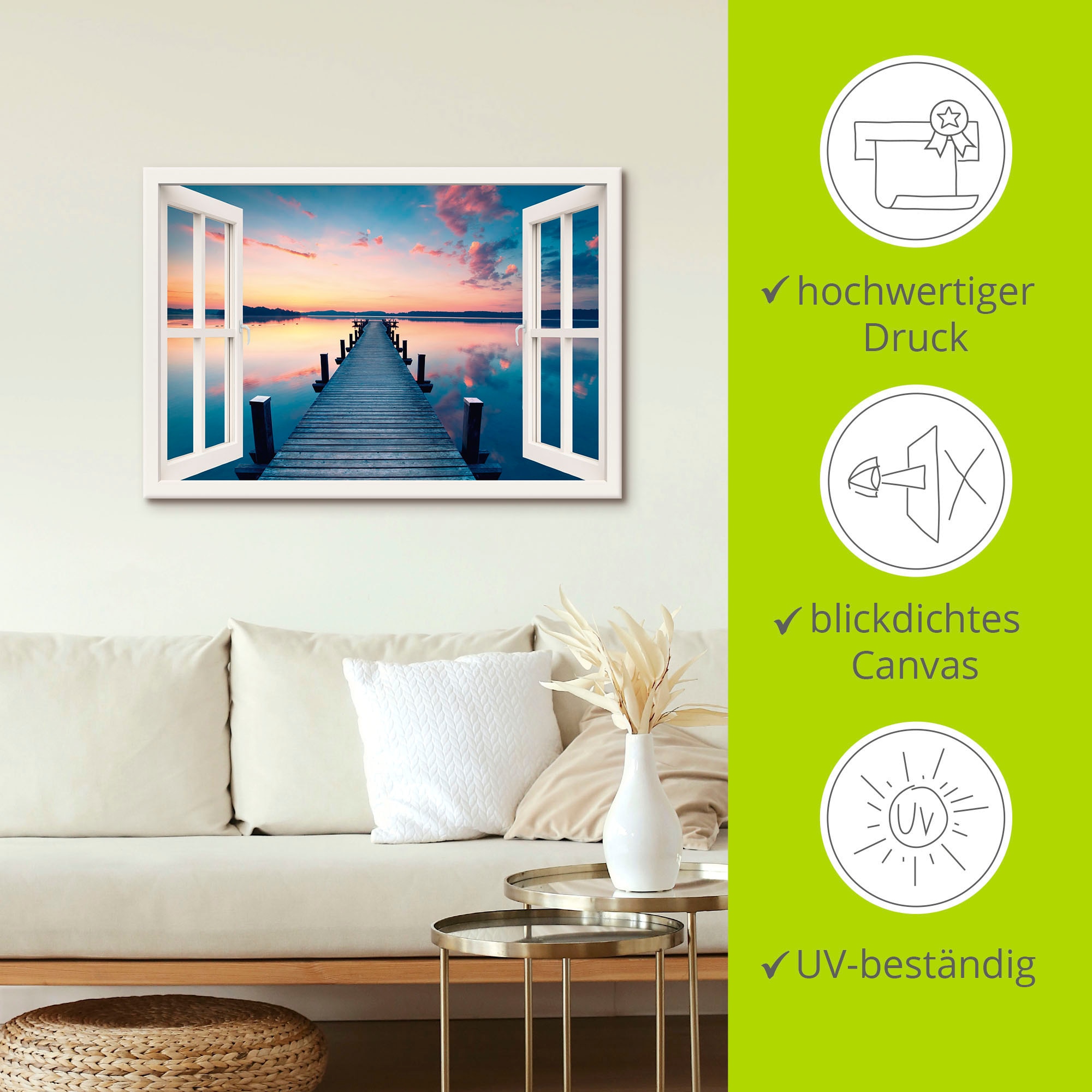 Artland Wandbild »Pier im Sonnenaufgang«, Fensterblick, (1 St.), als Leinwandbild, Poster in verschied. Grössen
