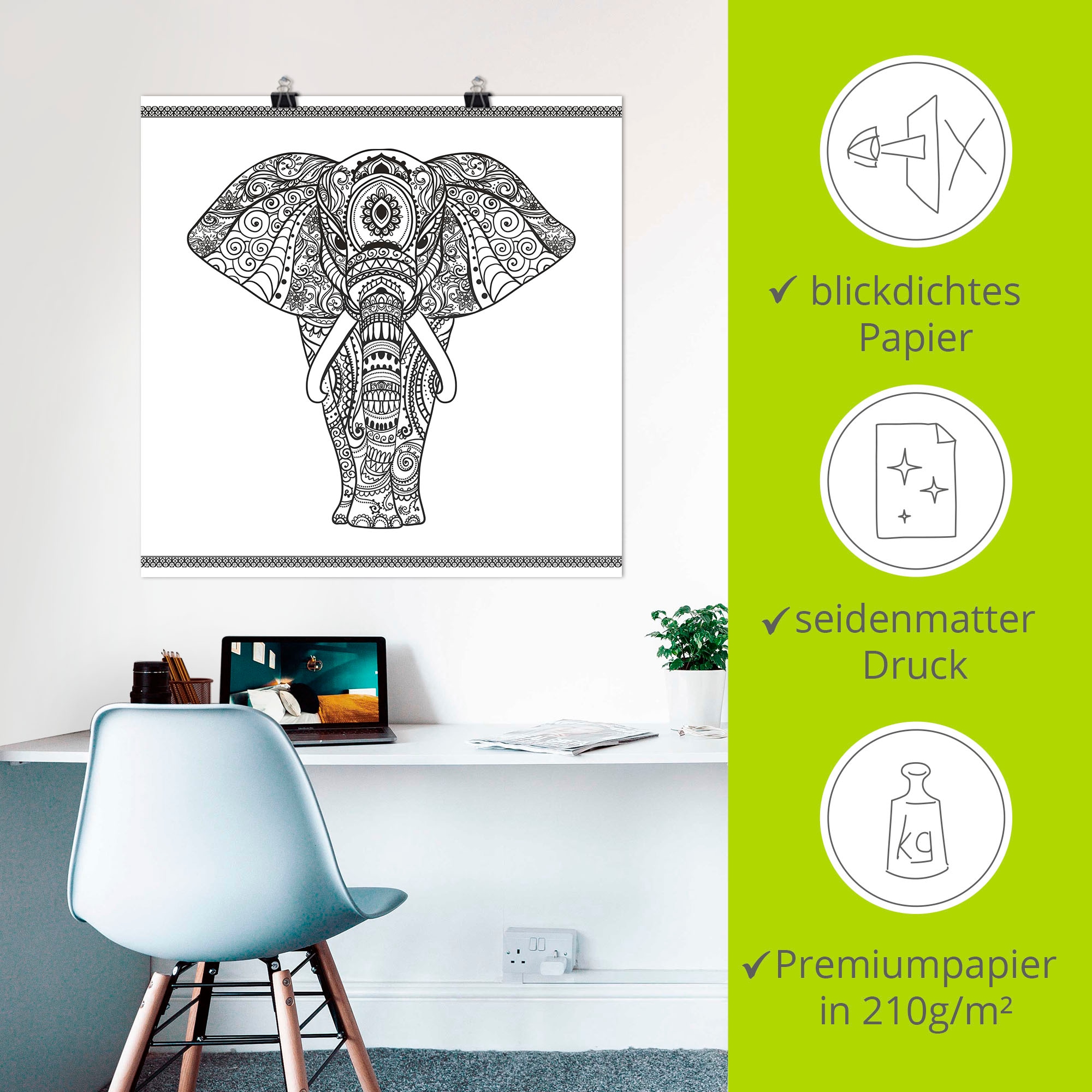 Artland Wandbild »Elefant in Mandala«, Wildtiere, (1 St.), als Leinwandbild, Poster, Wandaufkleber in verschied. Grössen