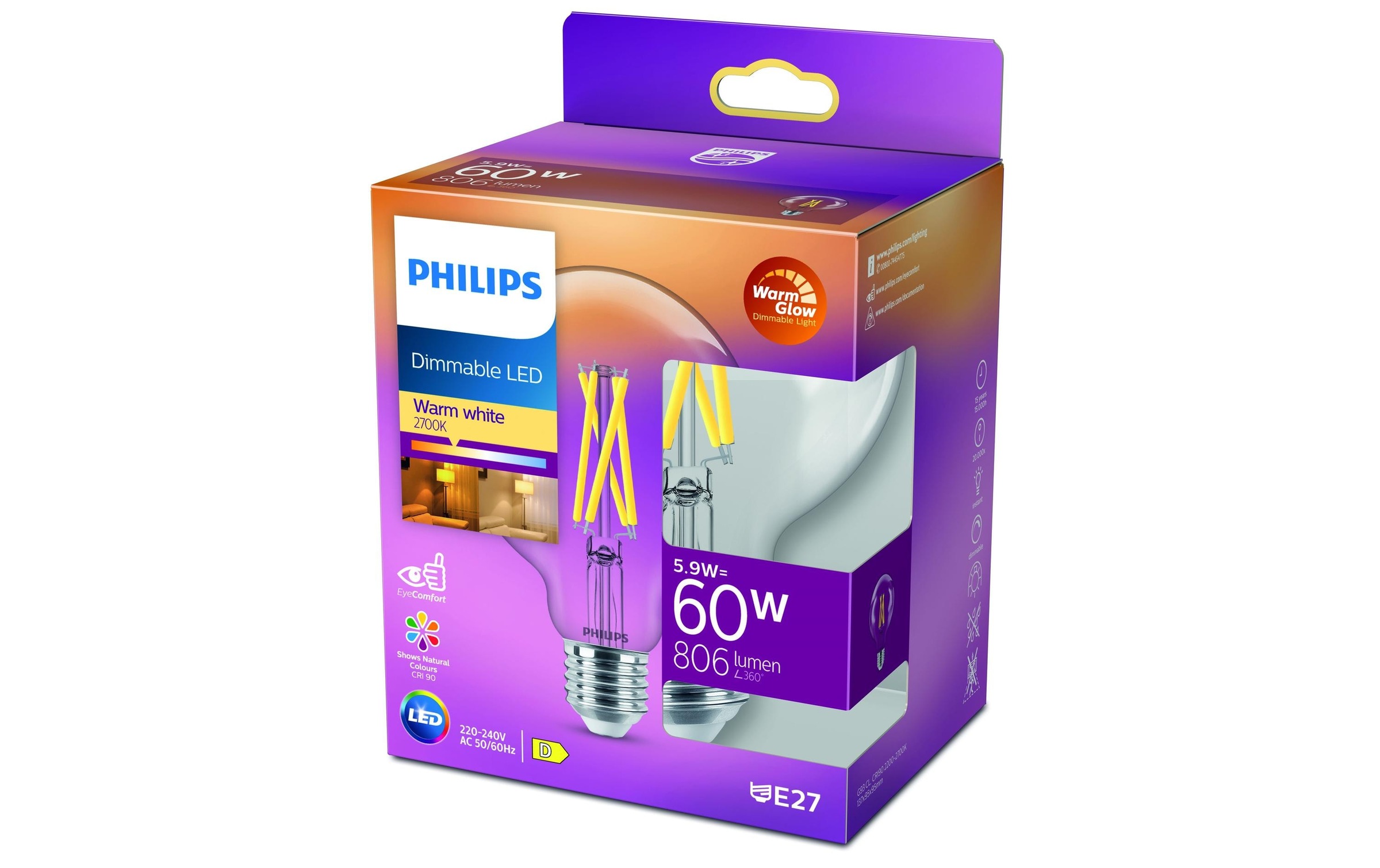 Philips LED-Leuchtmittel »45174 W (60 W) E27 Warm«, E27, Warmweiss