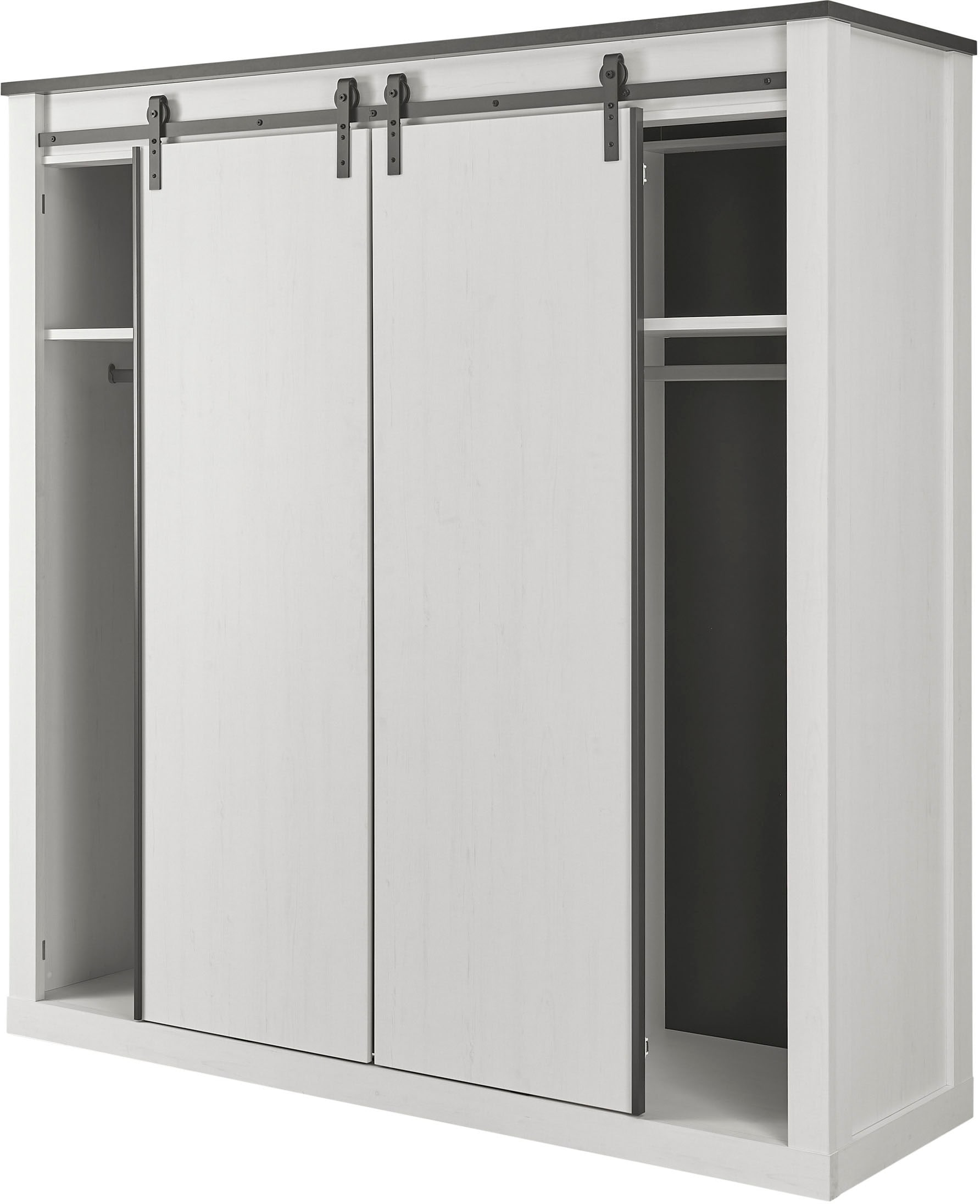 Home affaire Kleiderschrank »SHERWOOD Schlafzimmerschrank mit Spiegel Wäscheschrank«, Schiebetüren mit Scheunentorbeschlag aus Metall, B/T/H 201/63/209cm