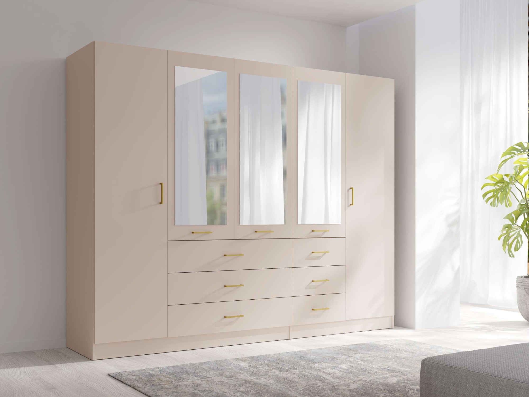 Home affaire Kleiderschrank »KOS Garderobe mit 6 Schubladen, Kleiderstange, 5 Einlegeböden, Spiegel« Kleiderschrank mit 5 Türen, goldenen Griffen, Masse B/H/T 250/200/58 cm