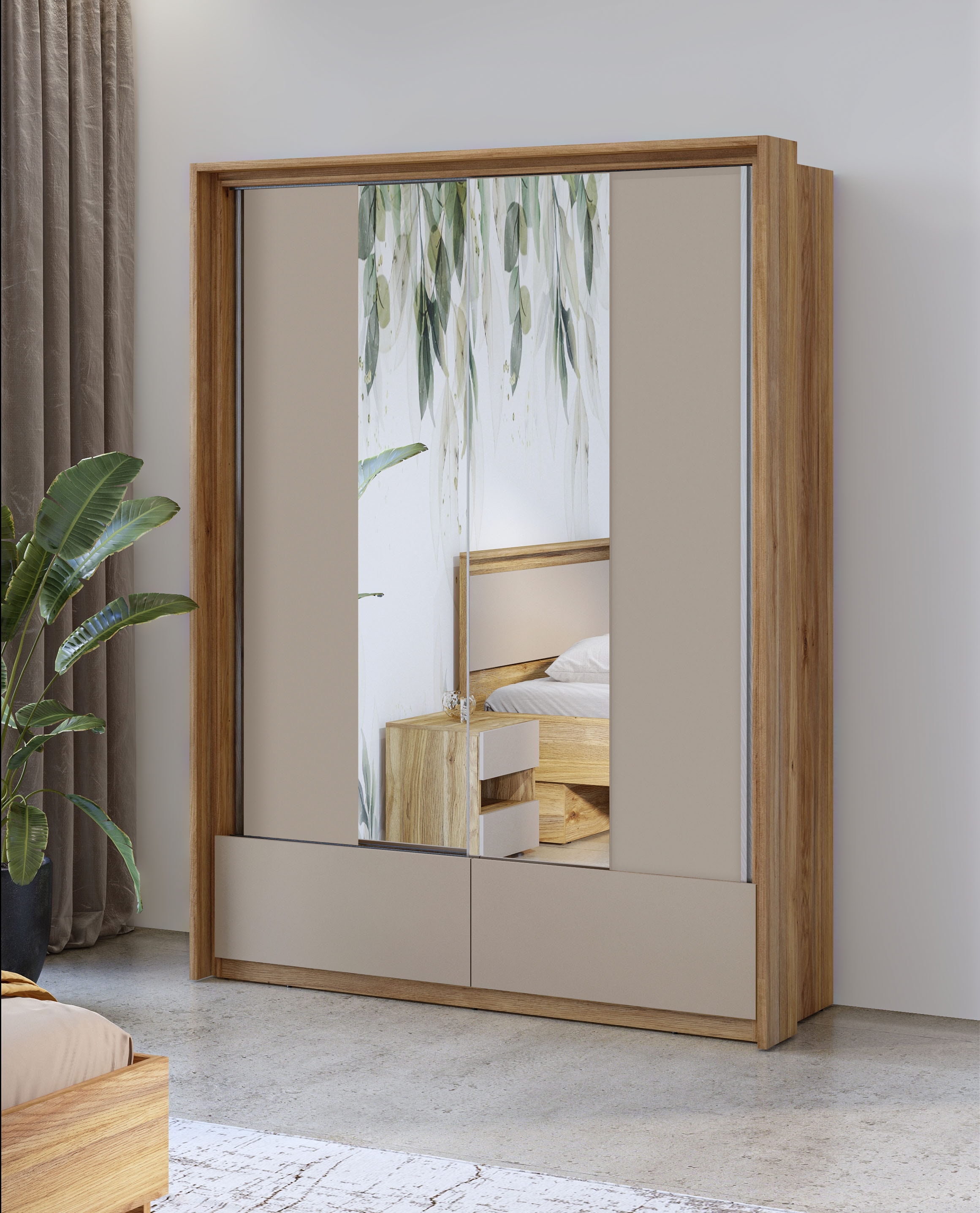 Home affaire Schwebetürenschrank »Wharton, Breite 159 oder 209 cm, Kleiderschrank incl. Innenausstattung«, Wäscheschrank, 2 Schubkästen, 2 Spiegel, Metallgriffe, Garderobe