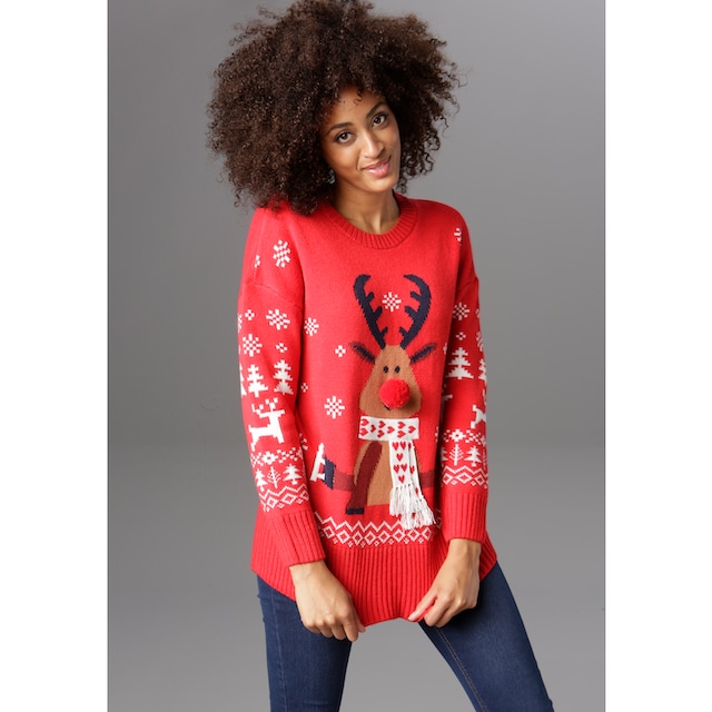 Aniston CASUAL Weihnachtspullover, mit Bommel-Nase und Fransenschal online  shoppen bei Jelmoli-Versand Schweiz