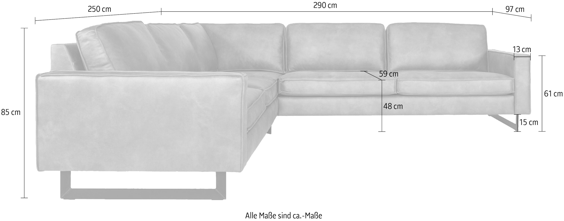 Places of Style Ecksofa »Pinto, XXL, 250/290 cm, langer Schenkel, Ottomane«, Cord, Chenille, Lederoptik, mit Keder, Metallfüsse, Wellenunterfederung