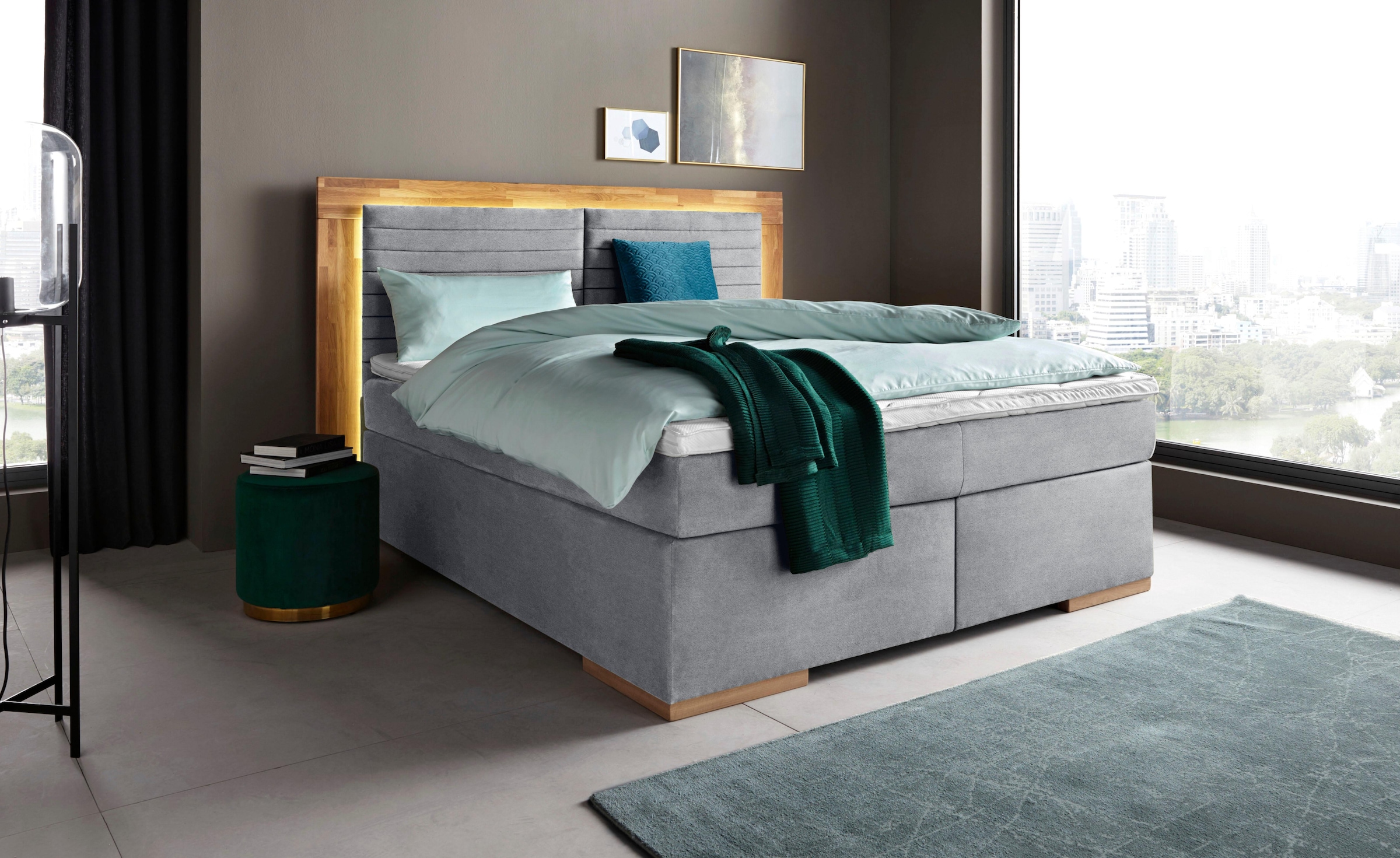 Home affaire Boxspringbett "Cup" mit LED-Beleuchtung, Massivholzrahmen und Topper, in 2 Härtegraden