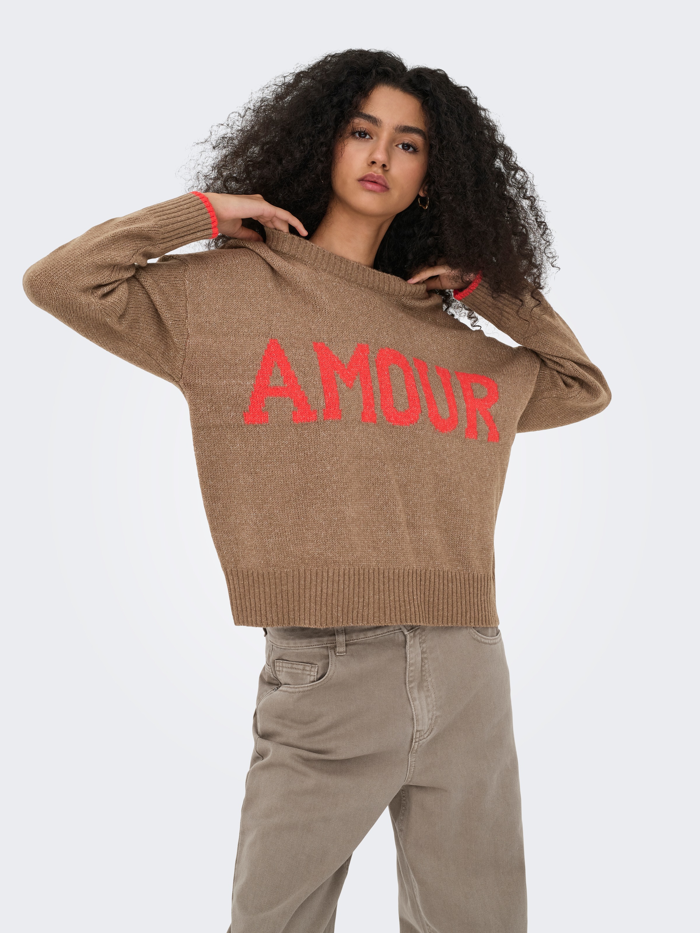 ONLY Rundhalspullover »ONLNEW AMOUR LS TEXT O-NECK CS KNT«
