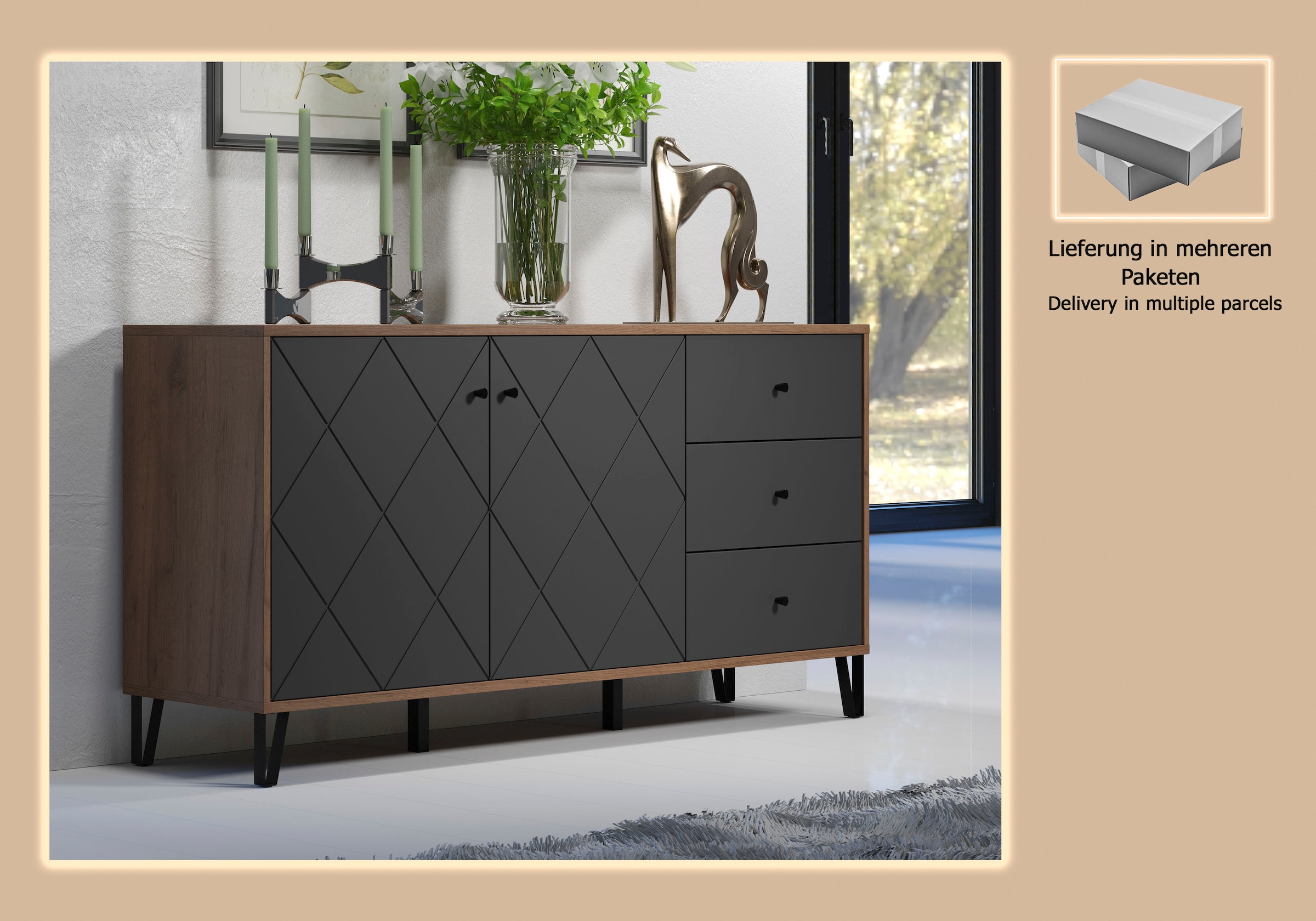Places of Style Sideboard »Molveno«, (1 St.), Sideboard, 2 Türen, 3 Schubkasten & Soft-Close - (B/T/H) 183/40/76 cm