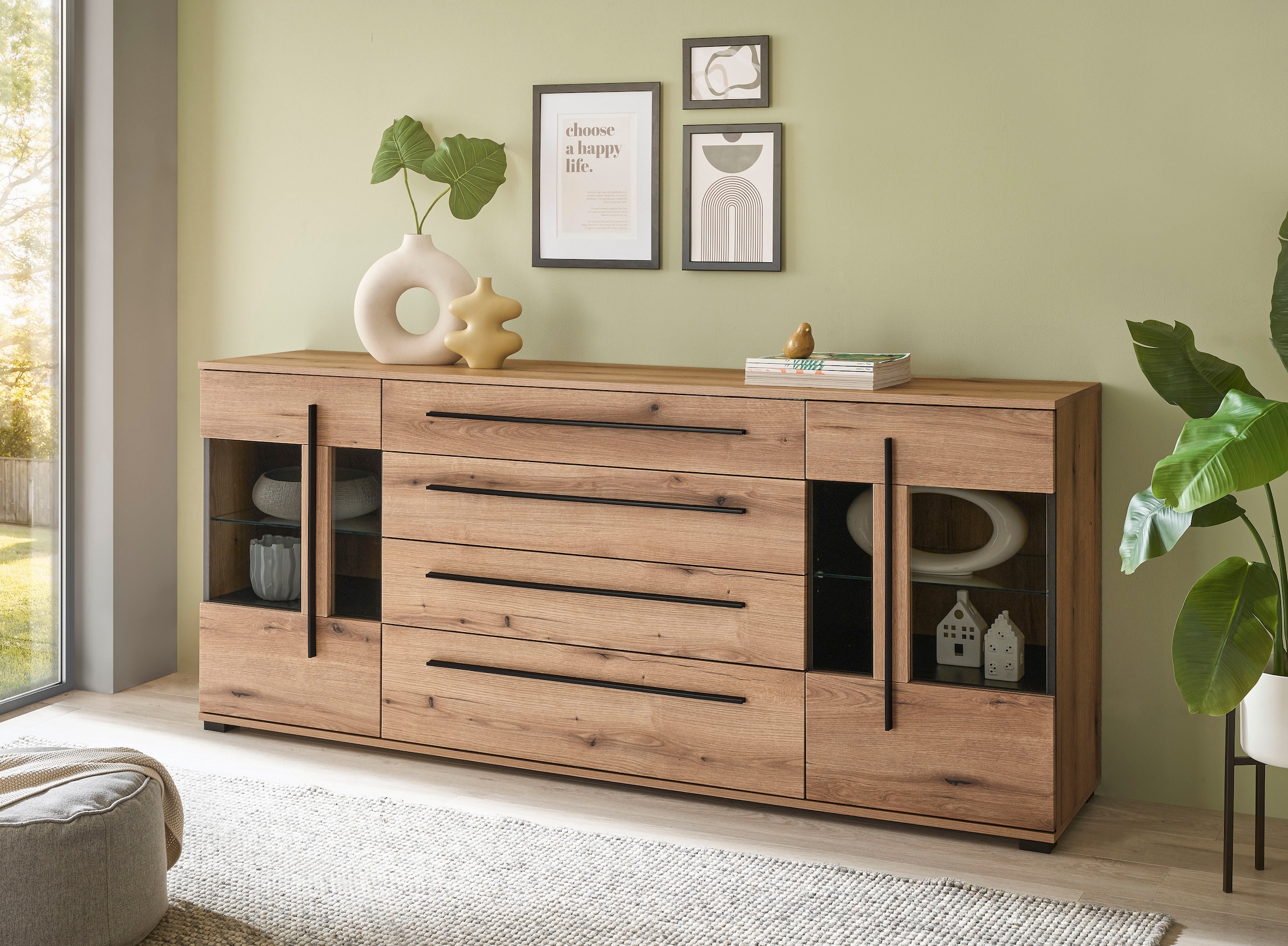 INOSIGN Wohnwand »Cantara, moderne Anbauwand, Wohnzimmer-Set, in Eiche Evoke oder Weiss«, (Set), enthält zwei Vitrinen, ein Sideboard und ein Wandboard