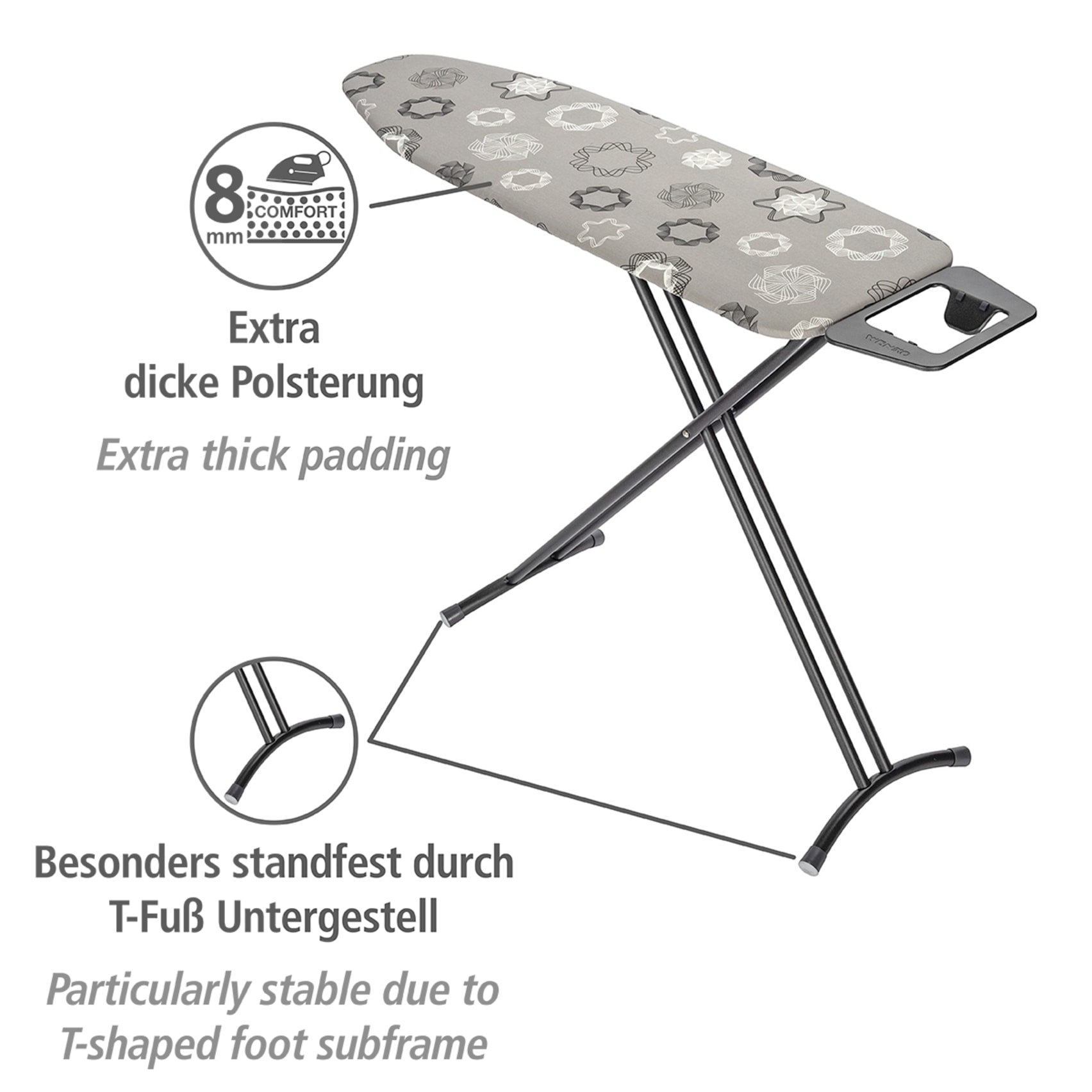 WENKO Bügelbrett »Modell Classic Black«, Bügelfläche 120 cmx38 cm, höhenverstellbarer Bügeltisch, platzsparend klappbar