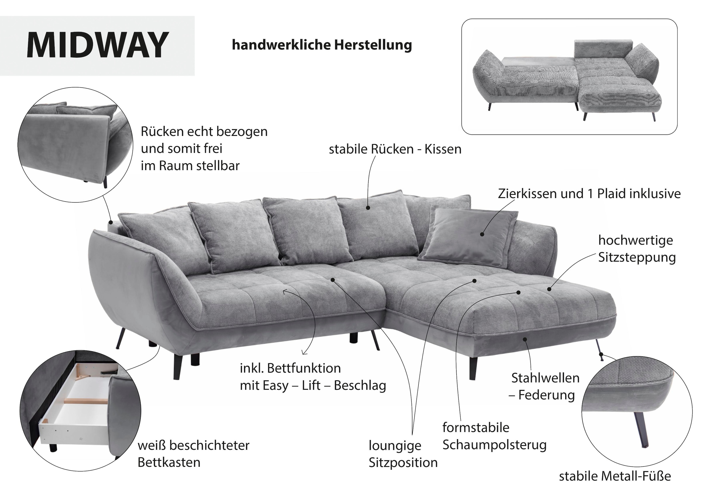 exxpo - sofa fashion Ecksofa »Midway mit einfacher Easy-Lift-Bettfunktion, bequem und modern«, inkl. Bettfunktion und praktischem Bettkasten, L-Form