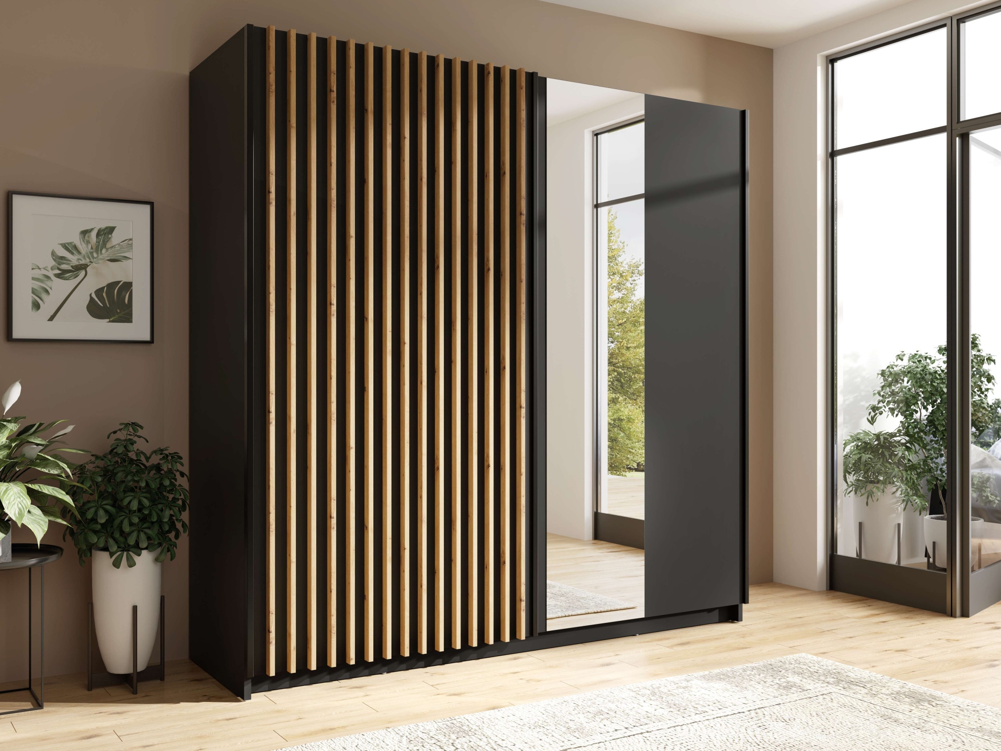 Home affaire Kleiderschrank »Kleiderschrank Camden mit Spiegel, 4 Einlegeböden und Kleiderstange«, Garderobe mit 2 Schwebetüren und Lamellen, BxHxT 200,2x198,5x61,6 cm