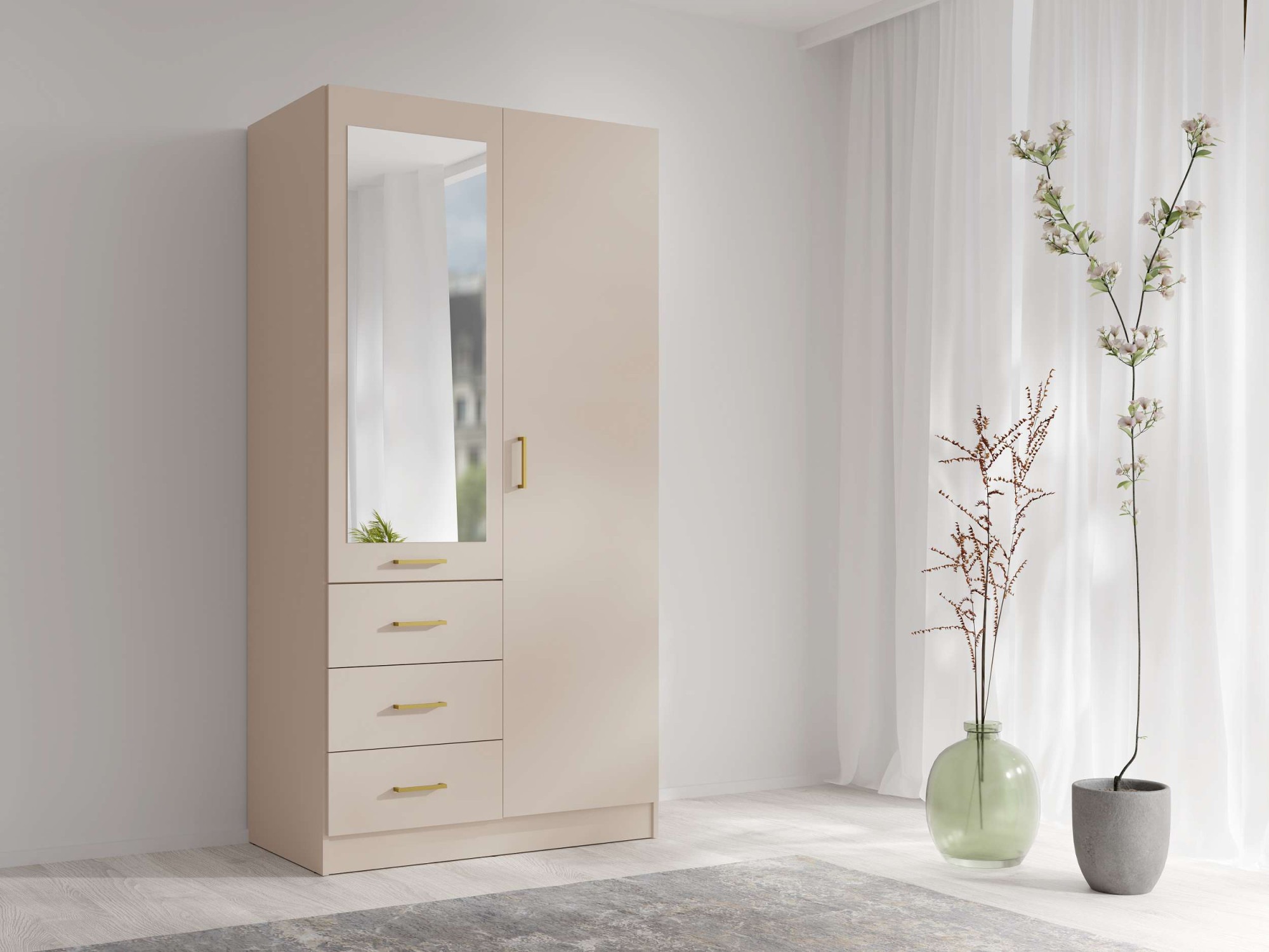 Home affaire Kleiderschrank »KOS Garderobe mit 3 Schubladen, Kleiderstange und Spiegel« Kleiderschrank mit 2 Türen, goldenen Griffen, Masse B/H/T 101/200/58 cm