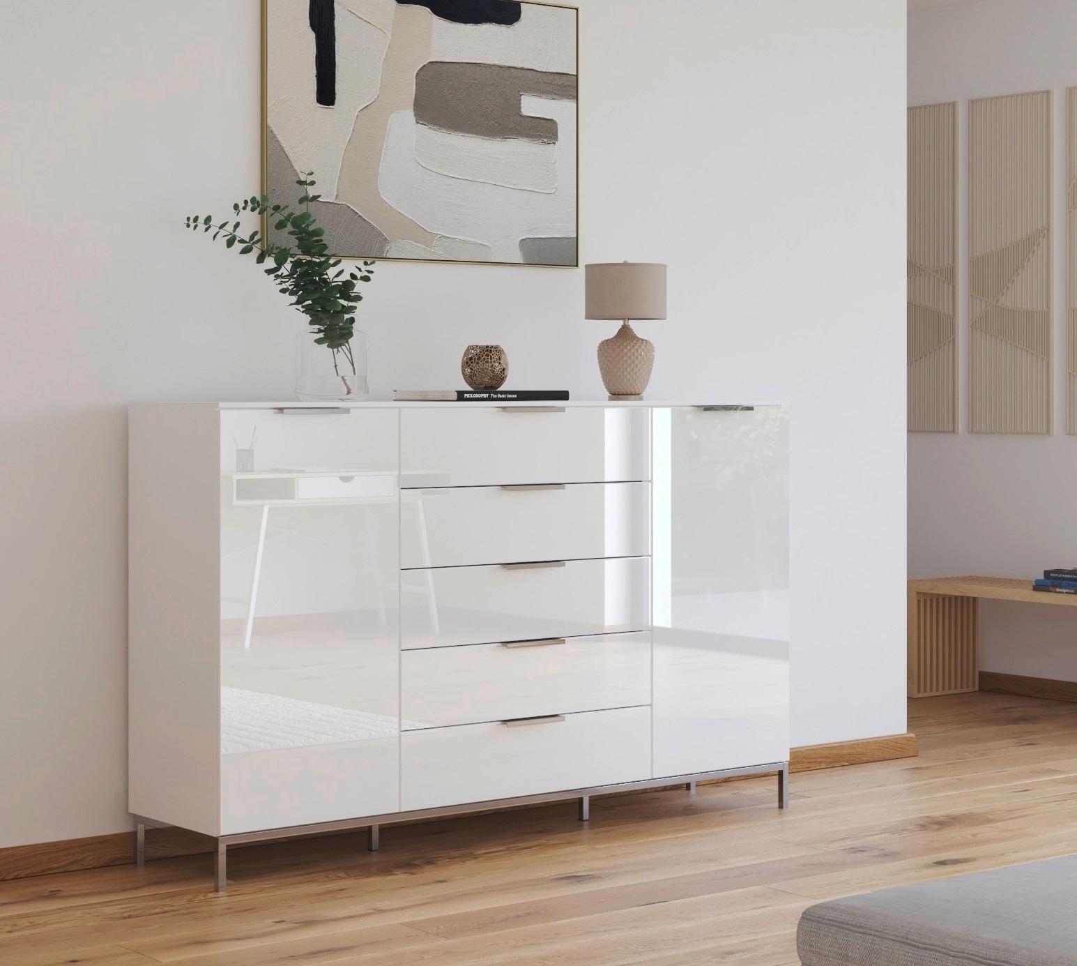 rauch "Kommode Türkommode Sideboard Kombikommode FLIPP mit Glasfront" Breite 160/180 cm mit 4 Einlegeböden, 2-trg mit 5 Schubladen und Soft-Close-Funktion, Glasfront, 2 Breiten