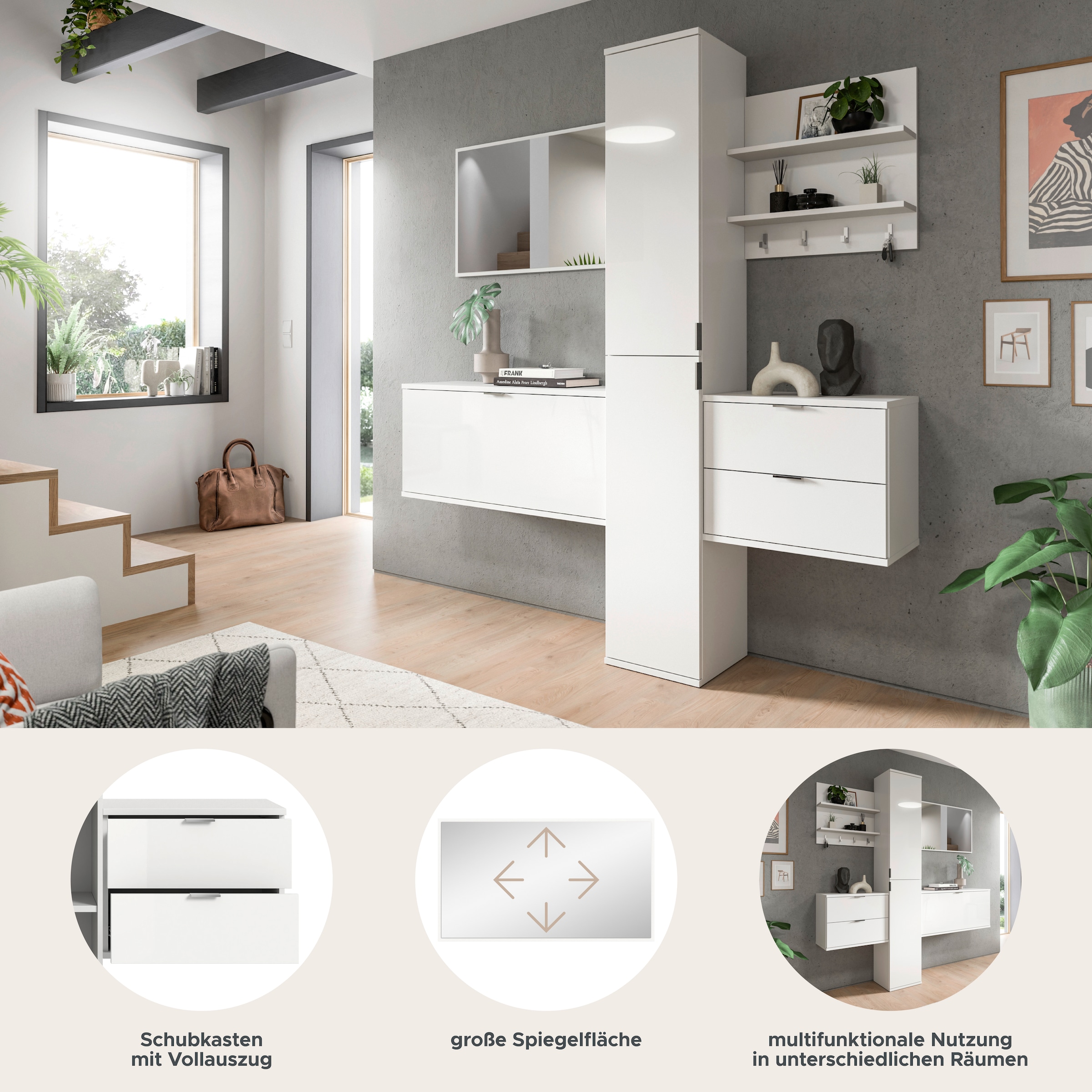 INOSIGN Garderoben-Set »Trondheim Garderobenset 5-tlg., Breite 174 cm«, (5 St.), hochglanz, best. aus: Spiegel, Paneel, Schrank, Kommoden, Flur, Diele