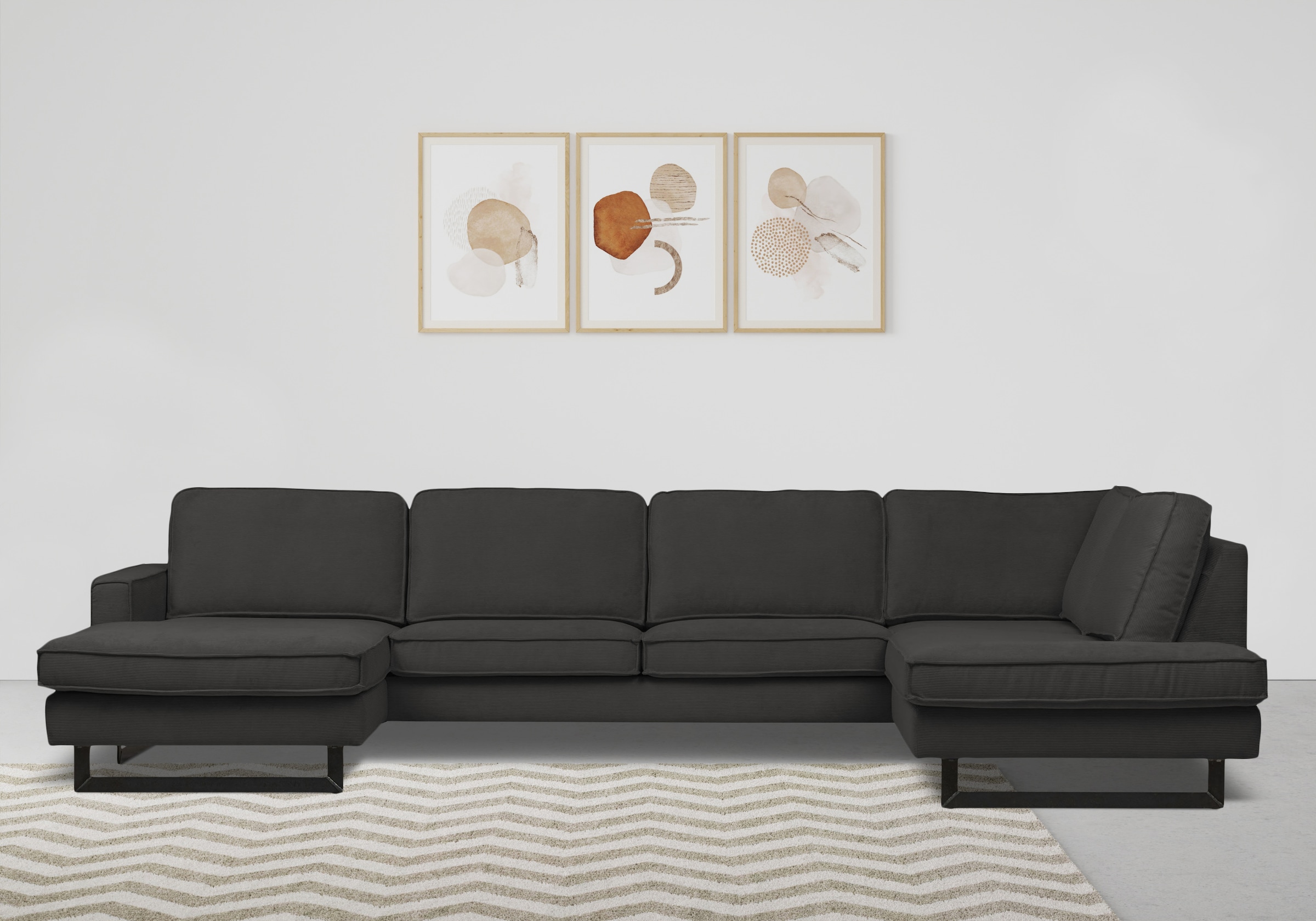 Places of Style Wohnlandschaft »Pinto, 350 cm, U-Form, XXL, mit Ottomanen«, Cord, Chenille, Lederoptik, mit Keder, Metallfüsse, Wellenunterfederung