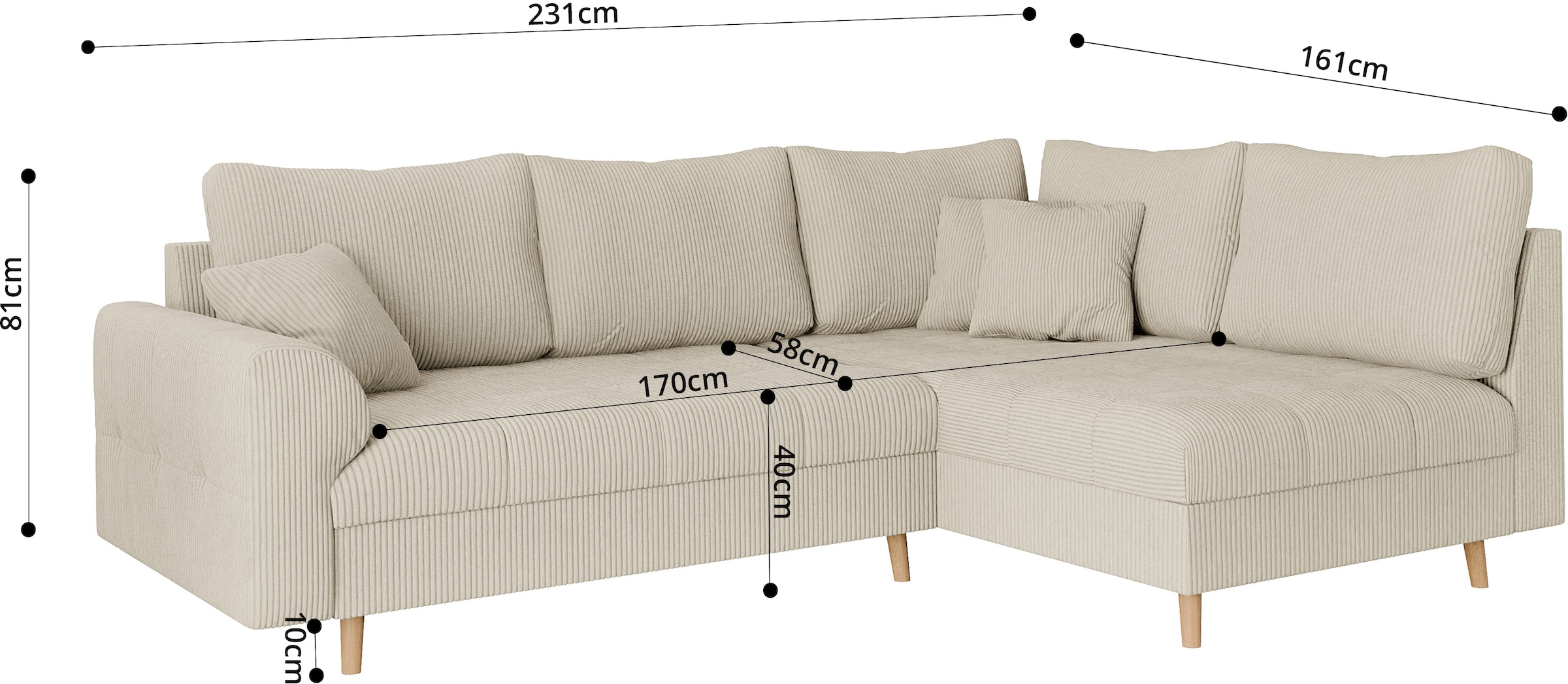 Home affaire Ecksofa »CHARRE L-Form mit Ottomane, Masse B/T/H: 231/161/81 cm«, feine Steppung, lose Rücken- und Zierkissen, auch in Cord und Bouclé