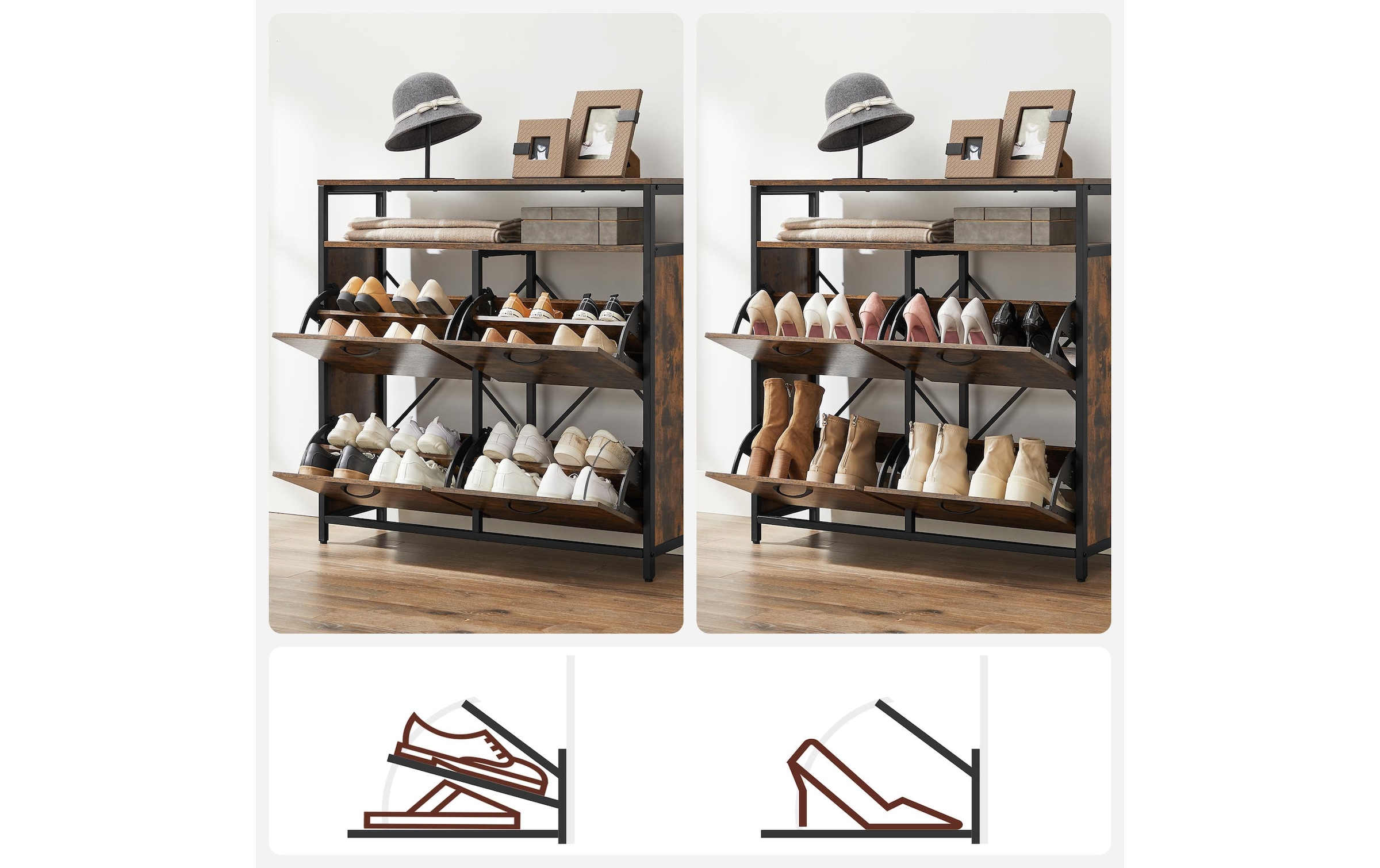 VASAGLE Schuhschrank »mit 4 Klappen 95 x 98.3 cm, Braun/Schwarz«