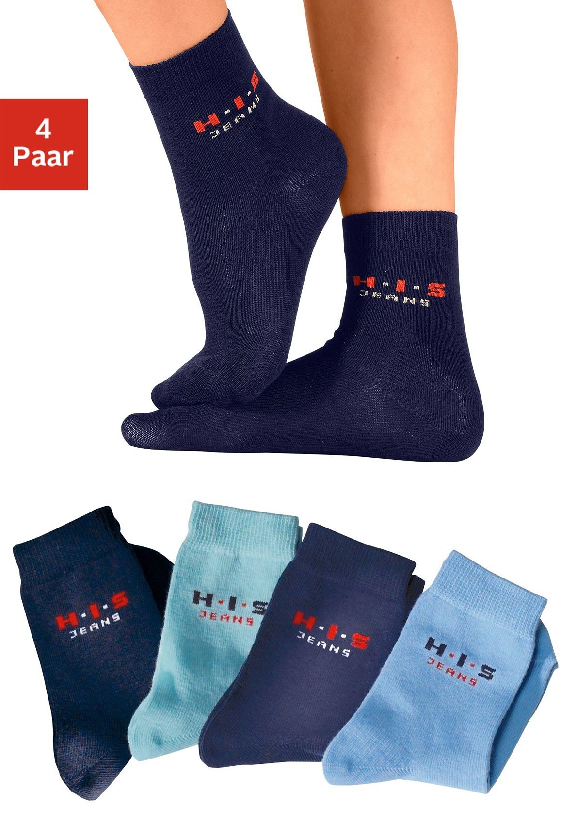 H.I.S Basicsocken, (Packung, 4 Paar), mit kontrasfarbenem Logo