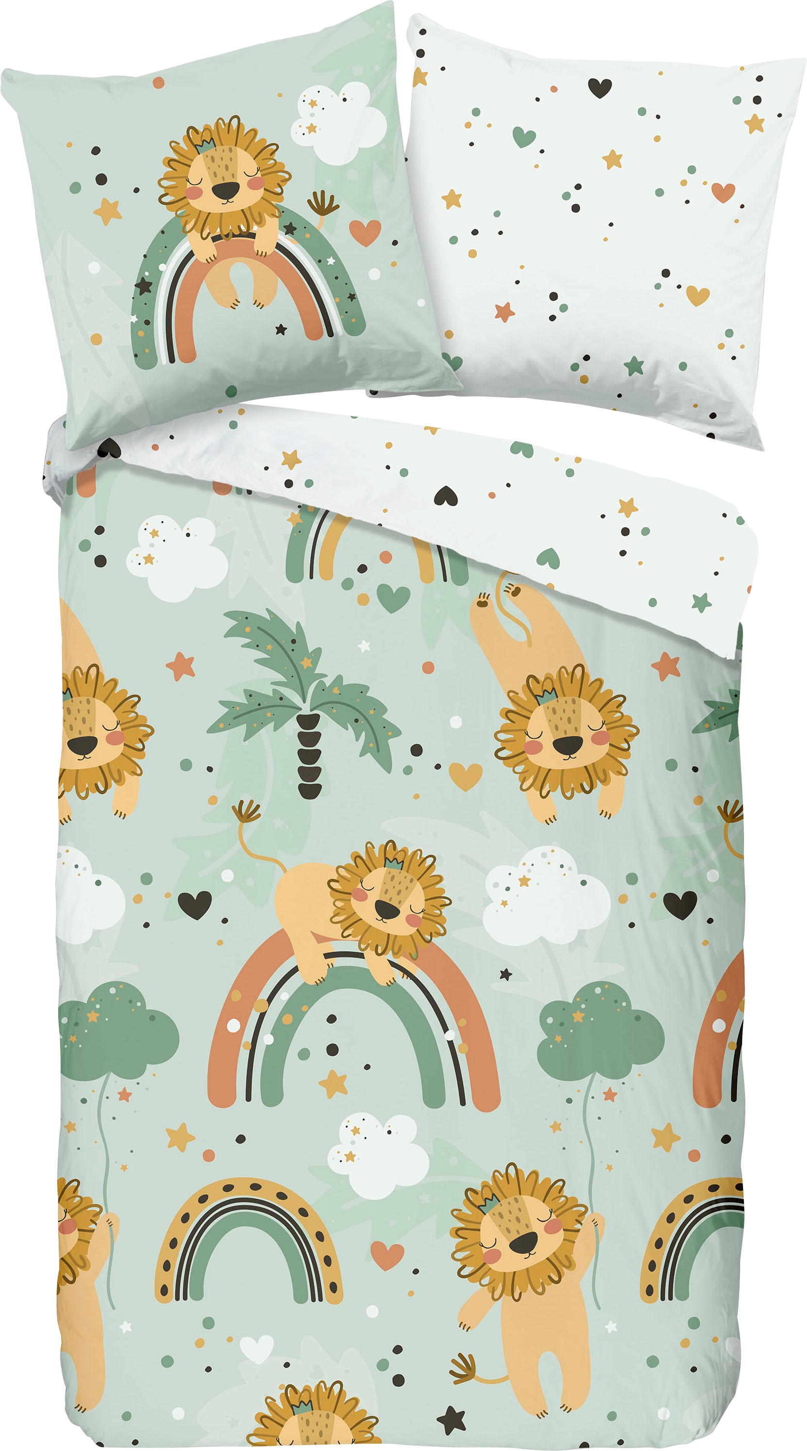 good morning Kinderbettwäsche »Lions«, Baumwolle, 135x200, Reissverschluss, Wendeoptik, Kind, Junge, Grün Löwe