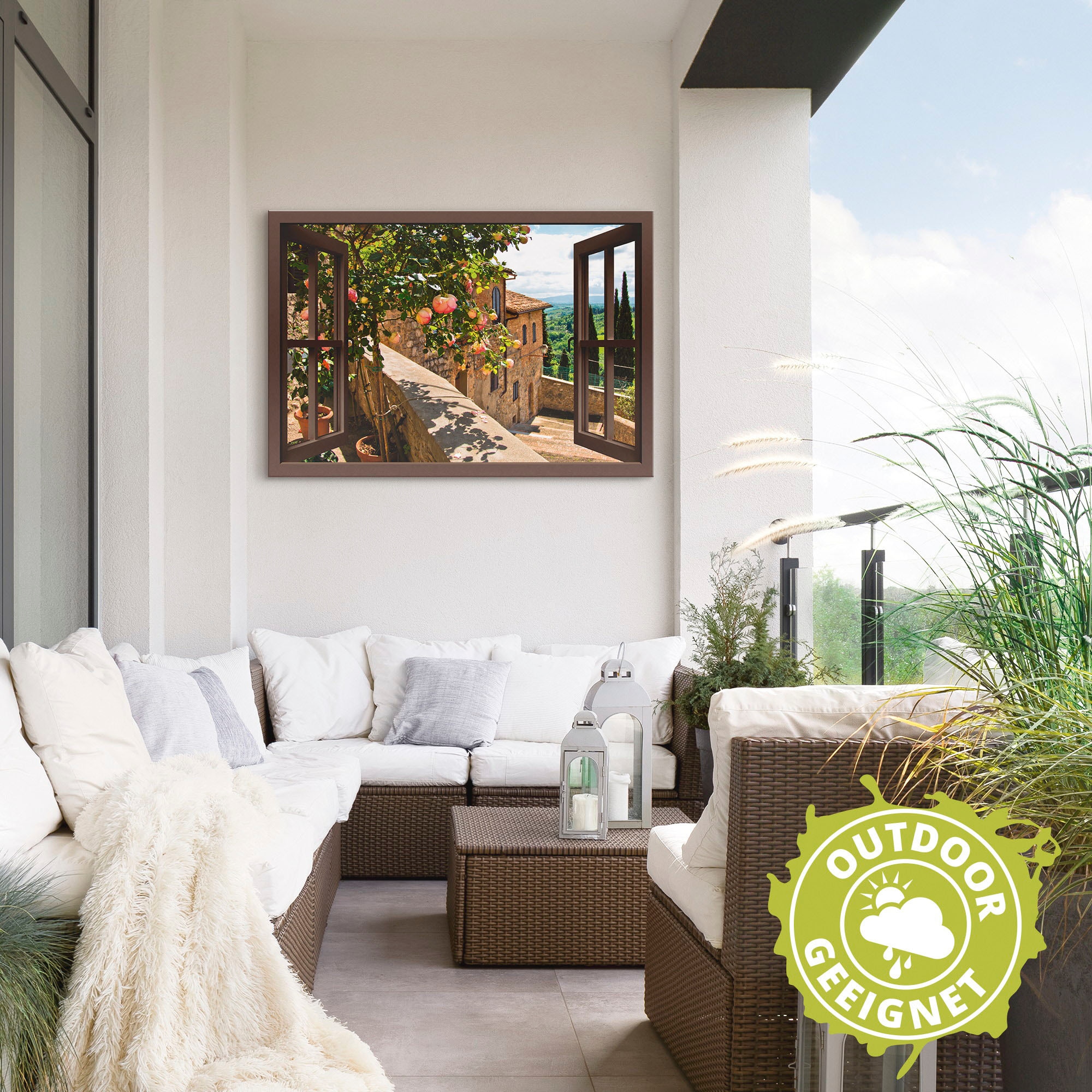 Artland Wandbild »Fensterblick Rosen auf Balkon Toskana«, Garten, (1 St.), als Alubild, Outdoorbild, Leinwandbild, Poster, Wandaufkleber
