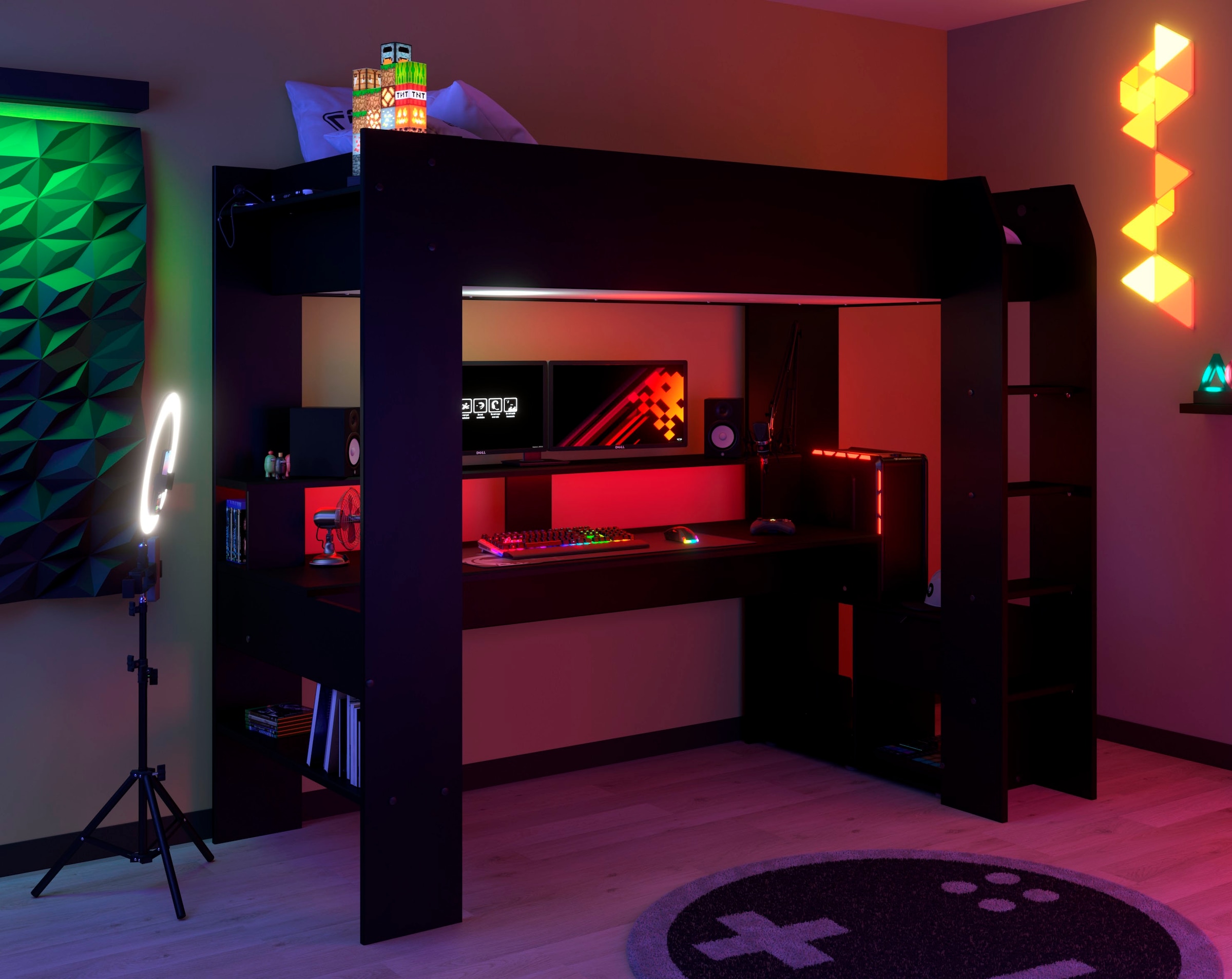 Parisot Hochbett »Gaming-Bett, mit Schreibtisch, USB Anschluss, LED, viel Stauraum«, ideal für kleine Räume, TOPSELLER!