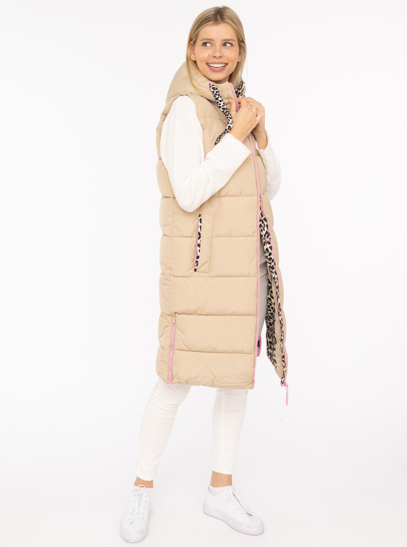 Zwillingsherz Steppweste »"Wild Hearts"« Leo-Muster, Taschen seitlich, modisch, Doppel-Zipper, extra lang