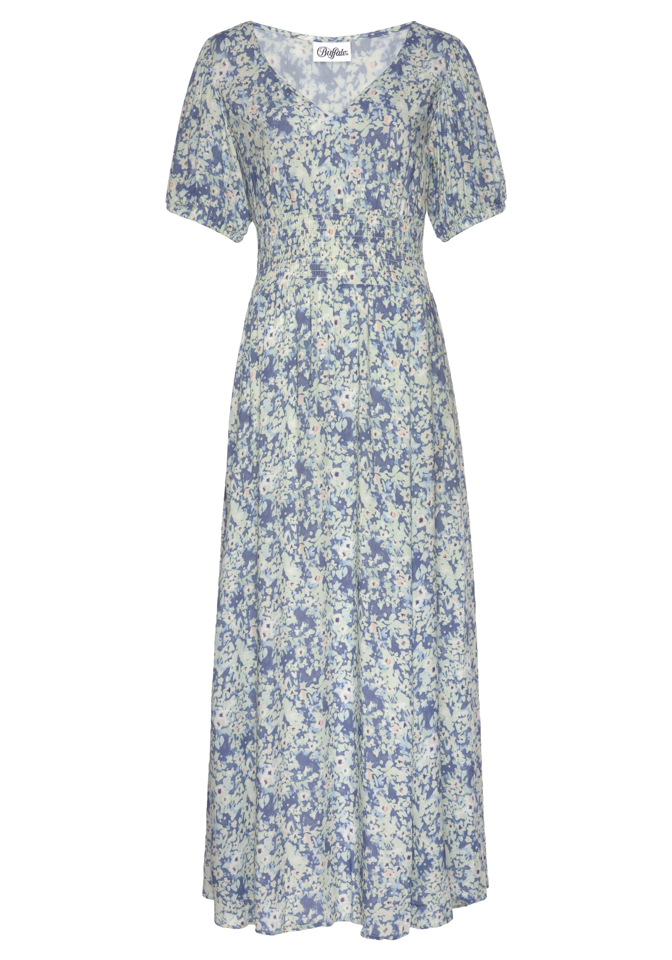 Buffalo Maxikleid "mit zartem Blumendruck und V-Ausschnitt aus Webware" Ohne Taschen kurzärmliges Sommerkleid, Strandkleid, Druckkleid, casual