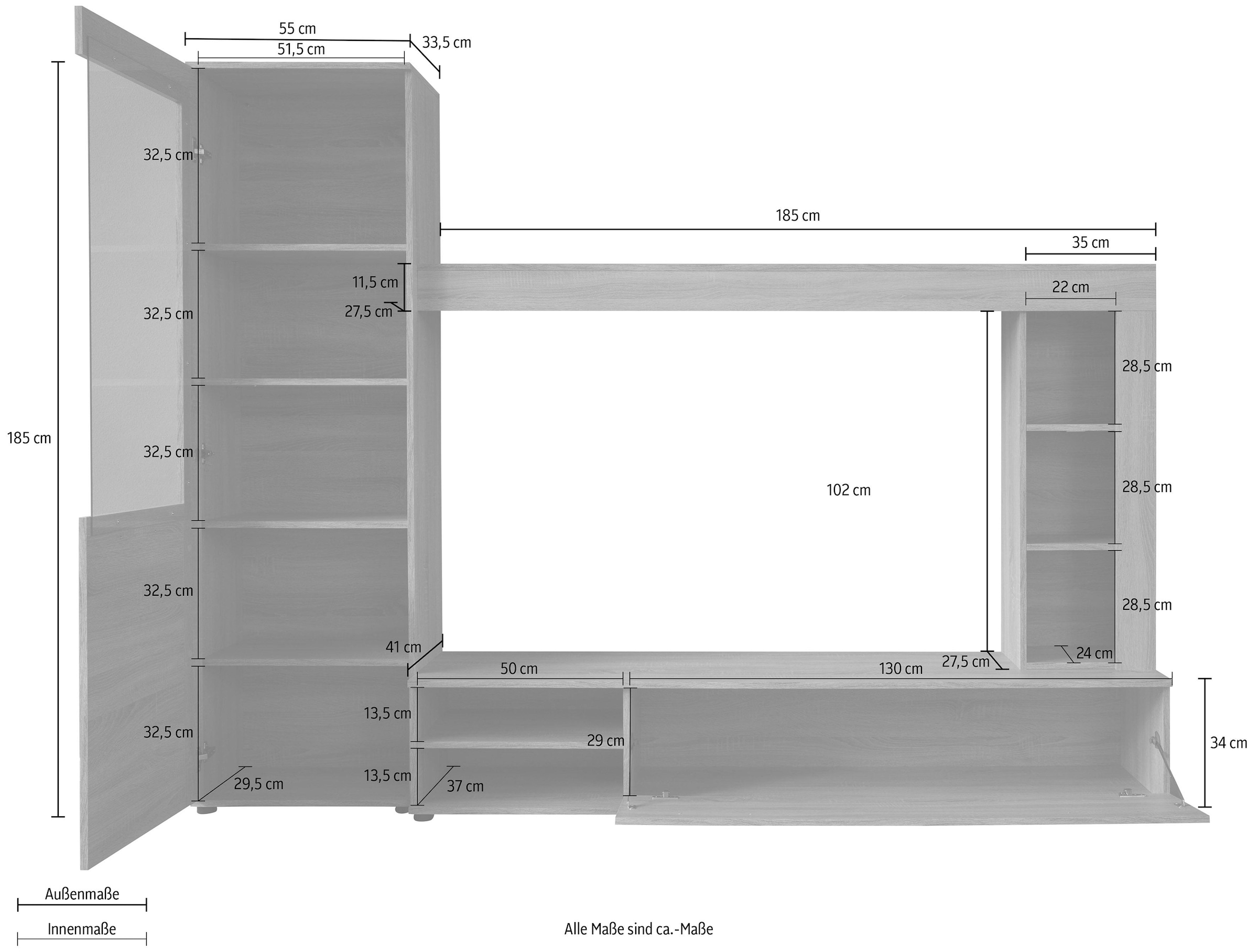 INOSIGN Wohnwand »Laholm«, (Set, 4 St.), Anbauwand für Fernseher bis 65 Zoll - Masse (B/T/H) 240/41/185 cm