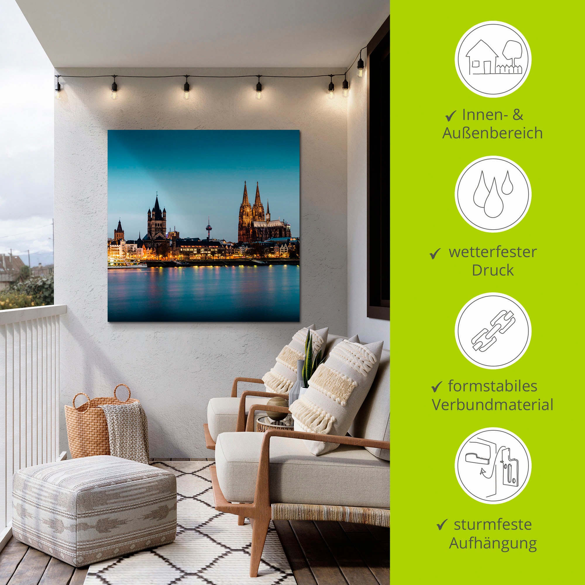 Artland Alu-Dibond-Druck »Köln Rheinpromenade«, Deutschland, (1 St.), für Innen- und Aussenbereich geeignet, Outdoorbild