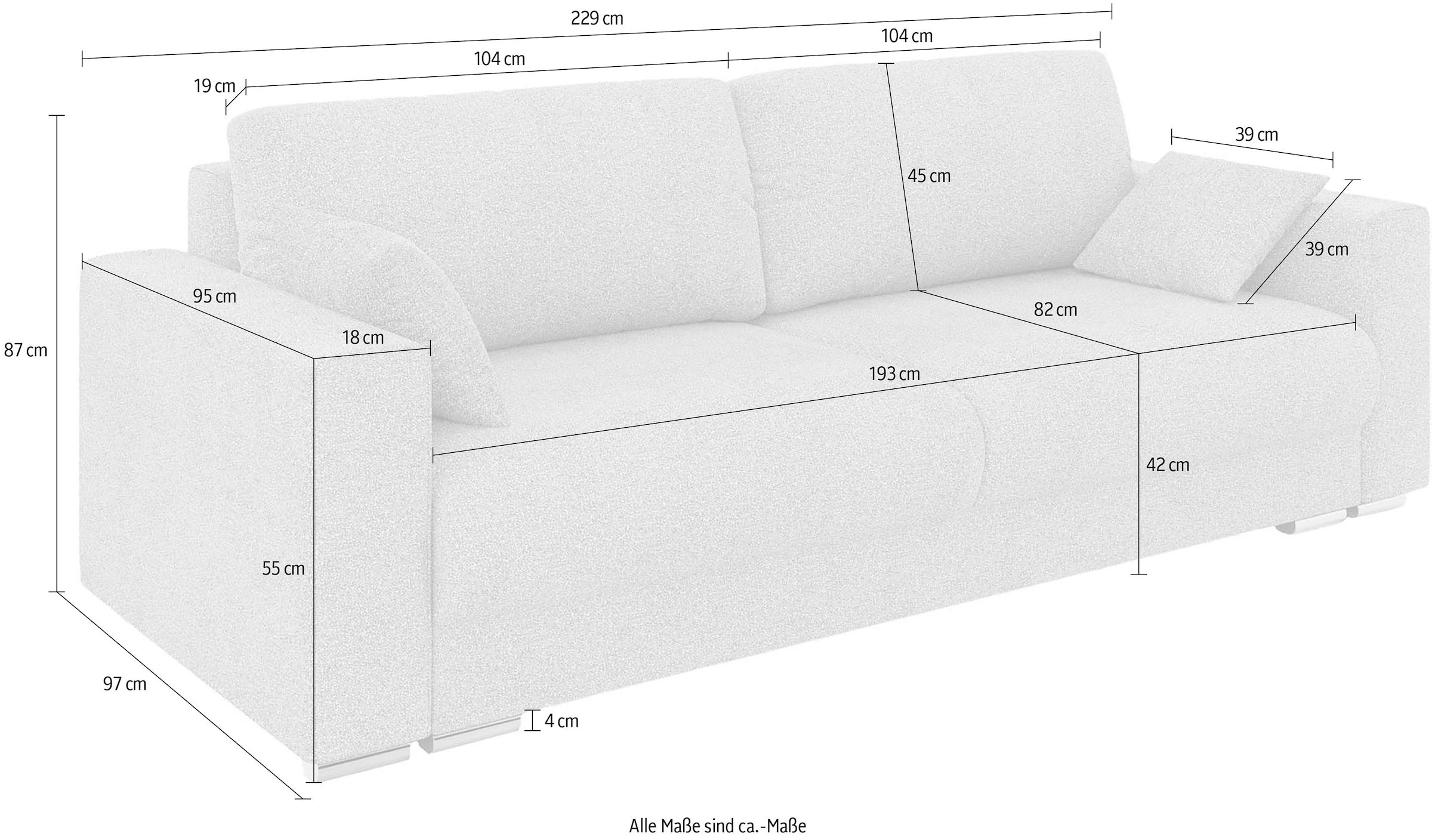 INOSIGN 3-Sitzer »Stevinson Schlafsofa mit Bettkasten, Masse B/H/T: 229/87/97 cm«, mit Wellenunterfederung, 2 Rückenkissen und 2 Zierkissen