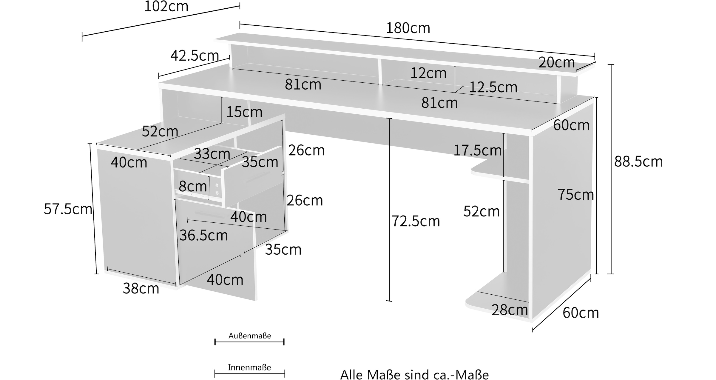 INOSIGN Gamingtisch »Game, Computertisch, Eckschreibtisch«, Towerfach, Kabeldurchlass, Monitoraufsatz, Stauraum, Masse 180x102 cm