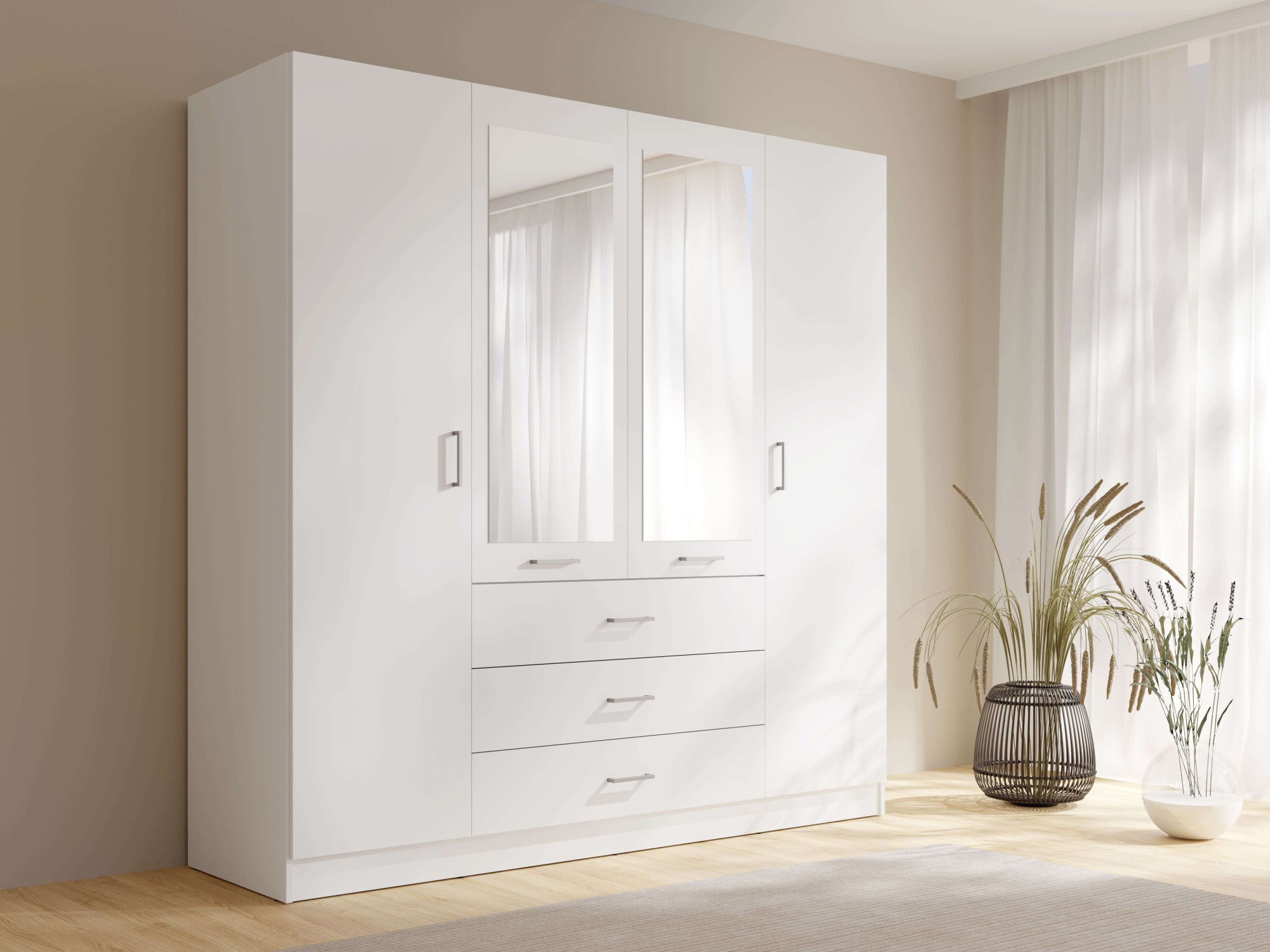 Home affaire Kleiderschrank »KOS Garderobe mit 3 Schubladen, Kleiderstange, 8 Einlegeböden, Spiegel« Wäscheschrank mit 4 Drehtüren, silber Griffen, Masse B/H/T 200/200/58cm