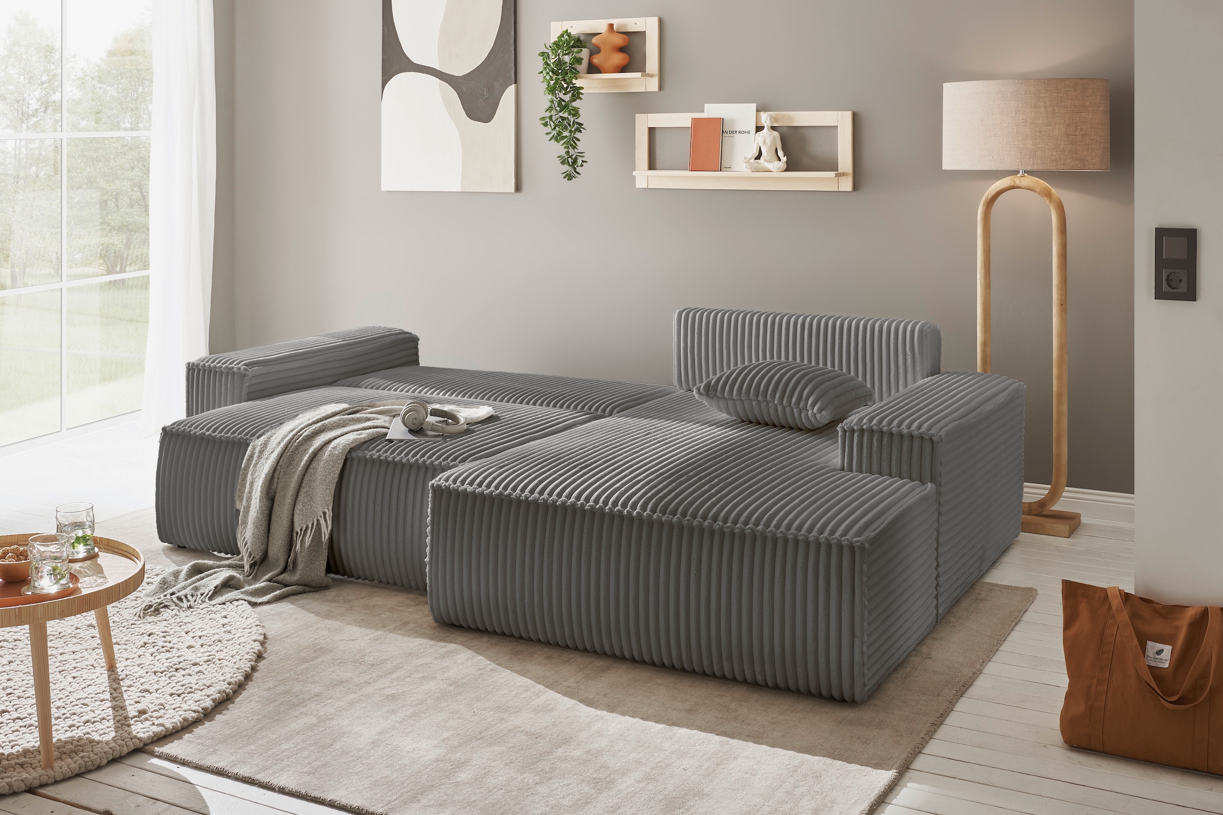 andas Ecksofa »Finnley Schlafsofa 267 cm in Bouclé, Struktur fein u. Cord, L-Form,«, Schlaffunktion m. Bettkasten (136/210 cm), Bouclé, Struktur und Cord