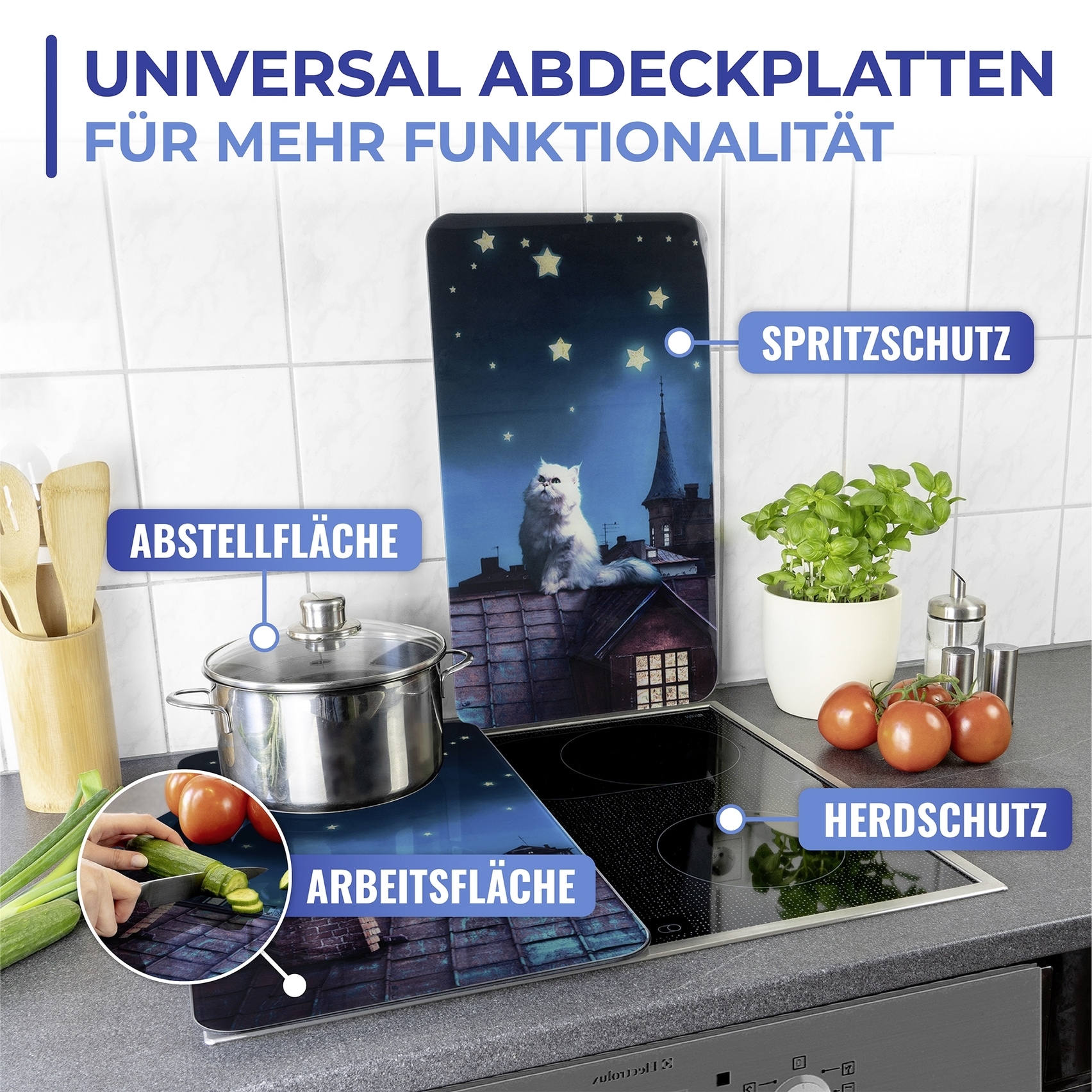 Maximex Herd-Abdeckplatte »Universal Modell Moon Cat«, (Set, 2 tlg.), Herdabdeckung für alle Herdarten, kratzfest, mit rutschfesten Füssen