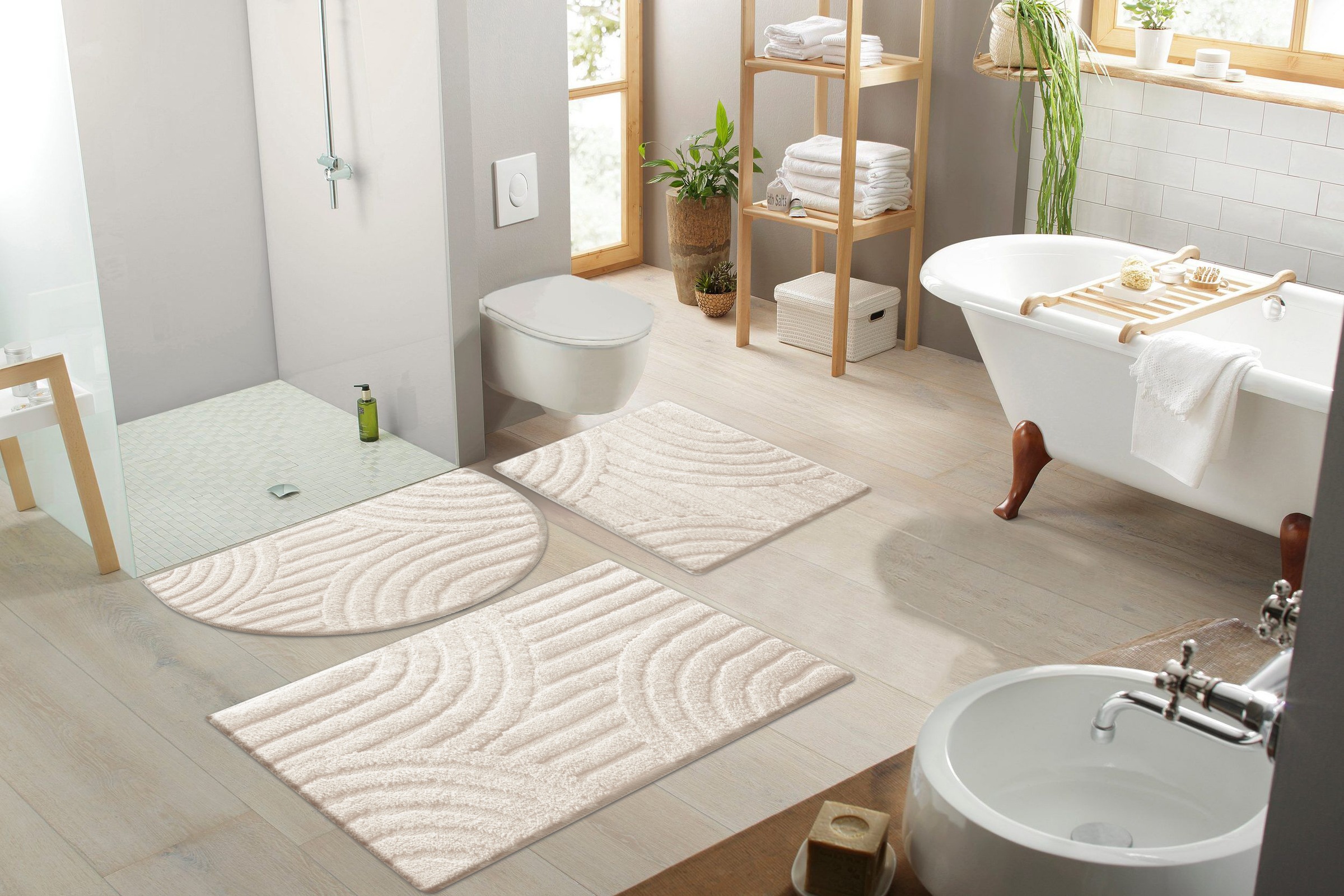 my home Badematte »Regona Scandi, Badvorleger, Badezimmer Teppich, Duschvorleger«, rutschhemmend beschichtet, strapazierfähig, Badteppich, Uni Farben, Hoch-Tief-Effekt, modernes Muster, Zen