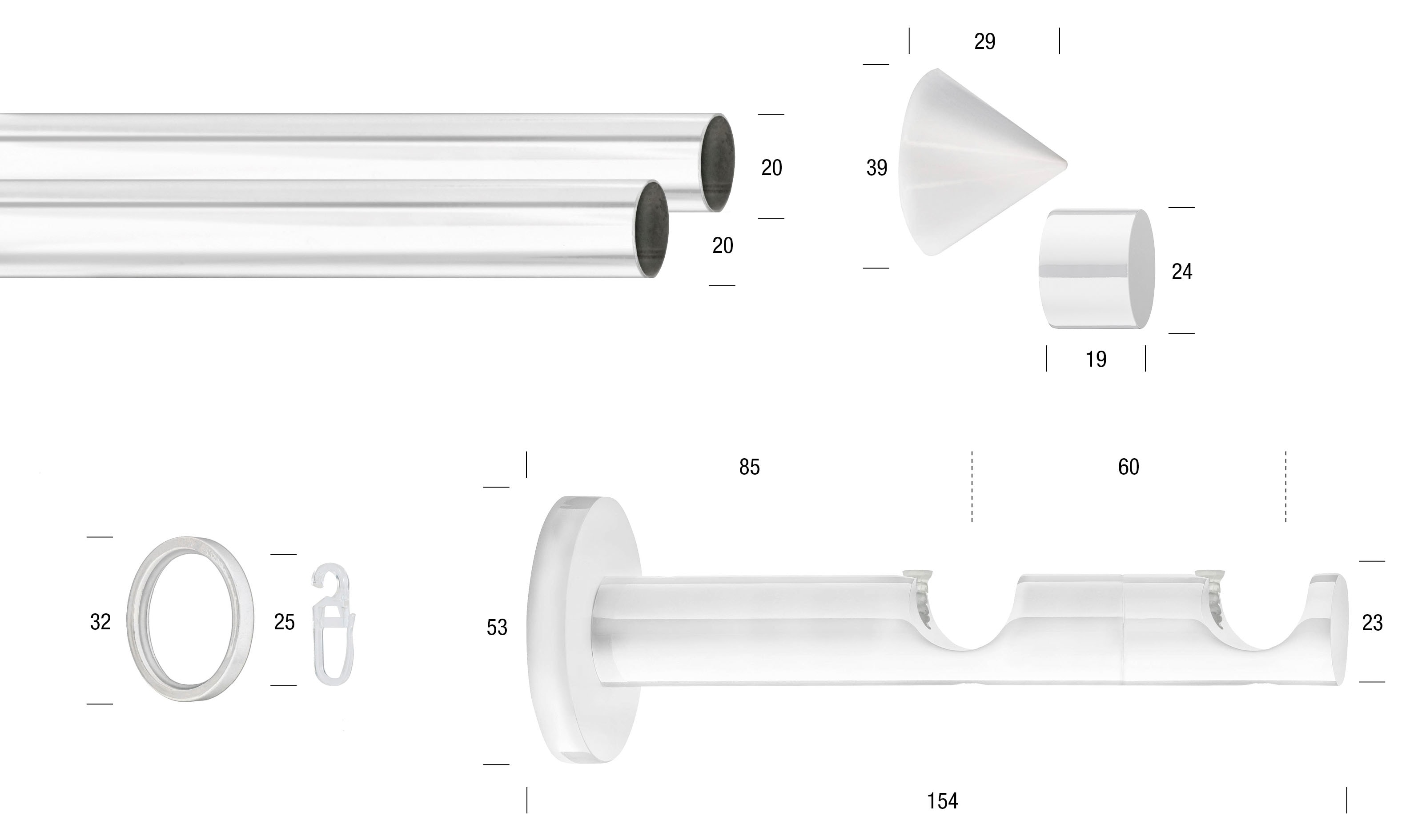 GARESA Gardinenstange "WHITE" Ø 20 mm 2 läufig-läufig Wunschmasslänge Vorhanggarnitur, verlängerbar, Wandmontage, Endknopf Spitze