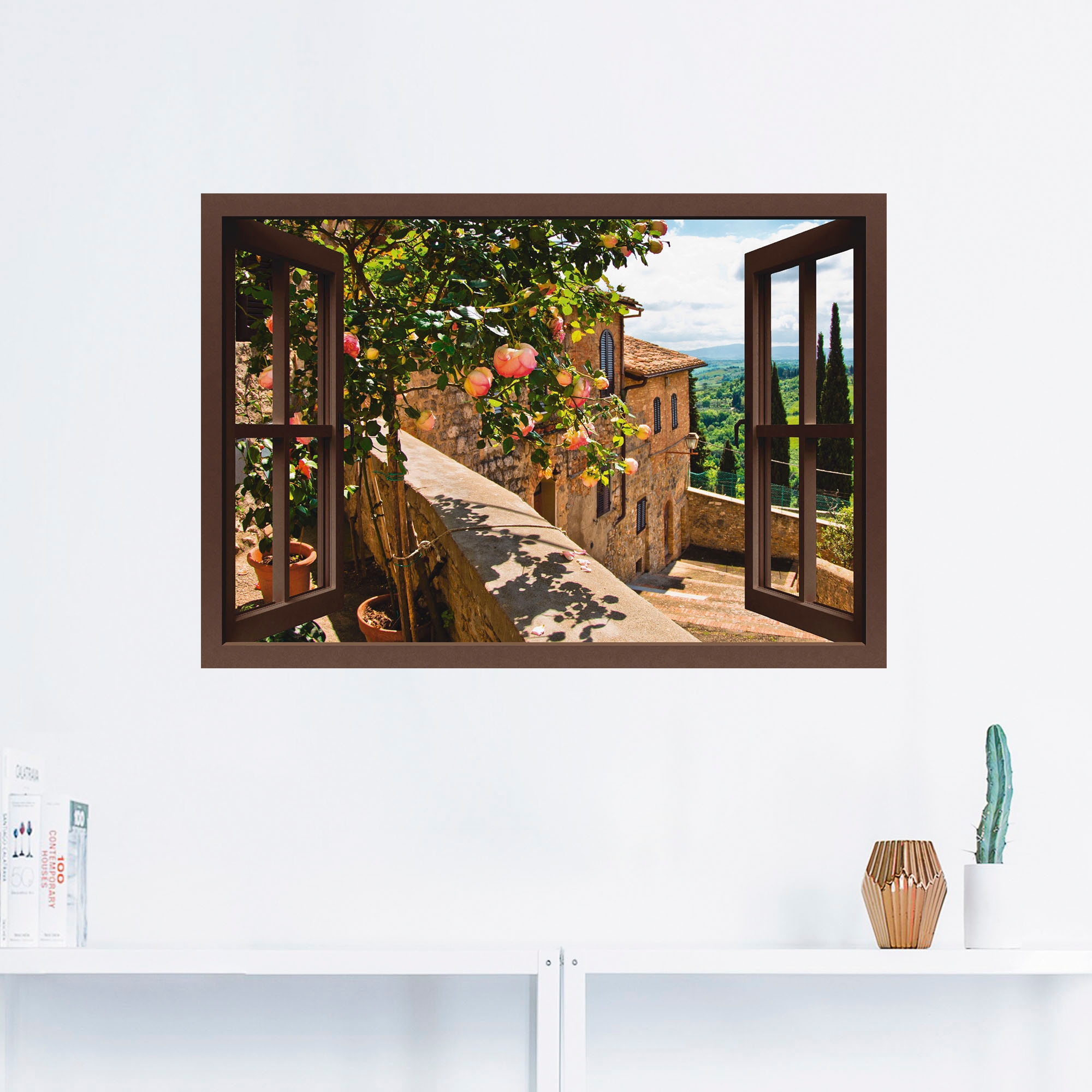 Artland Wandbild »Fensterblick Toskana«, in shoppen Leinwandbild, versch. Poster online (1 | Wandaufkleber Alubild, Grössen Jelmoli-Versand St.), Garten, oder Rosen als Balkon auf