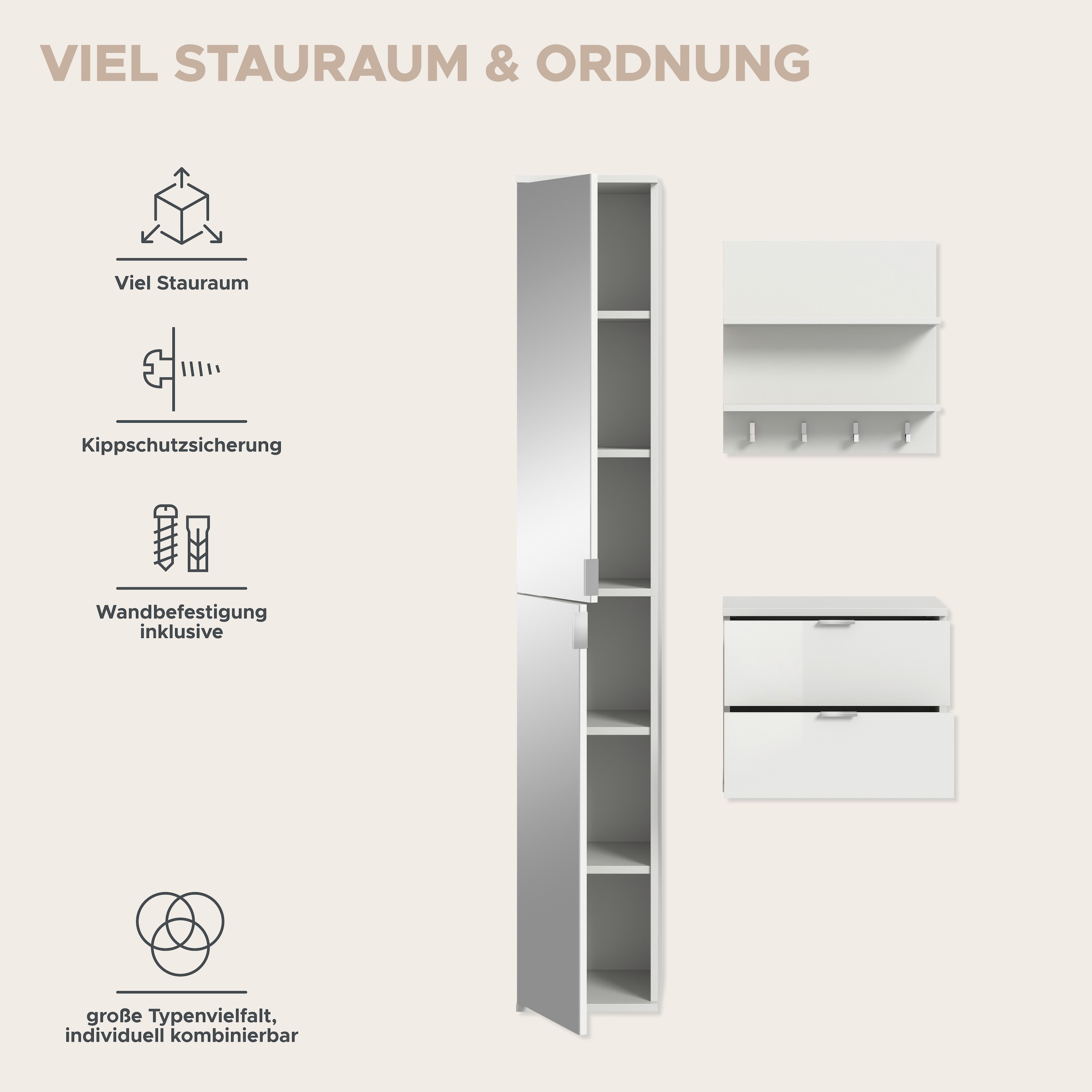 INOSIGN Garderoben-Set »Trondheim, Garderobenset 3-tlg. Breite 82 cm,«, (3 St.), hochglanz, best. aus: Spiegelschrank, Paneel, Kommode, Flur