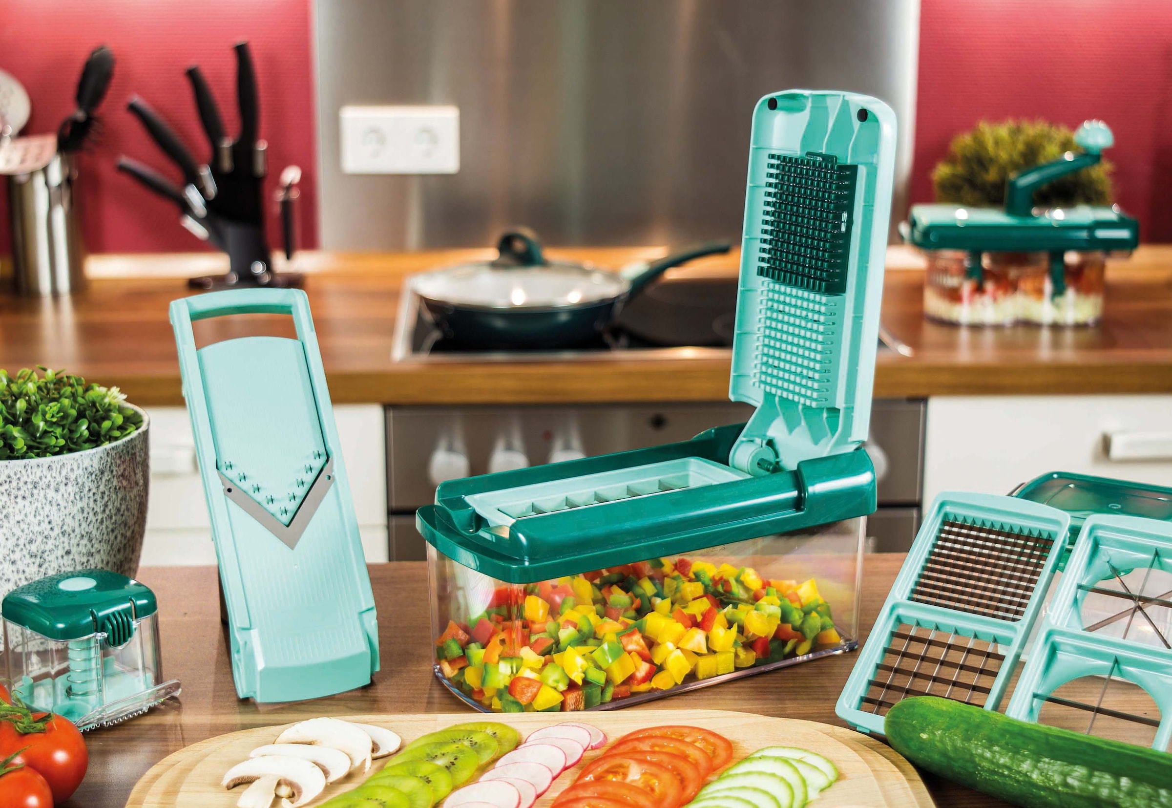 Genius Nicer Dicer Fusion | 13 Pieces | Emerald Green | All Slicer |  Slicing | Dice | Cutting Device | TV NEW & Nicer Dicer Chef (15 Pieces) |  Fruit