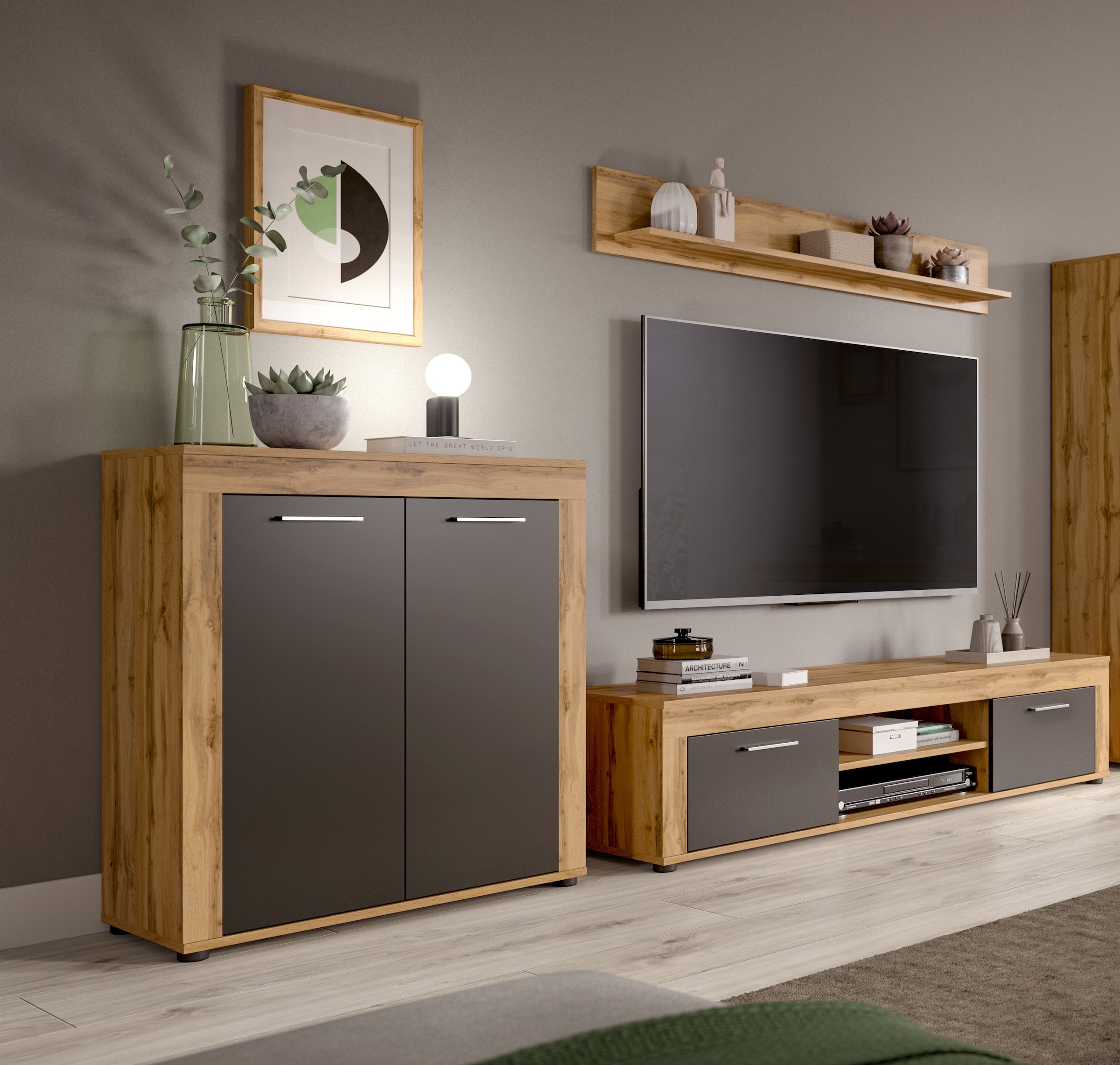 INOSIGN Wohnwand »Aosta, Breite 255cm, bestehend aus Highboard, Lowboard, Wandboard«, (3 St.), Wohnwand, Kombination, Anbauwand, Möbel Set, Schrankwand, Möbel Kombi