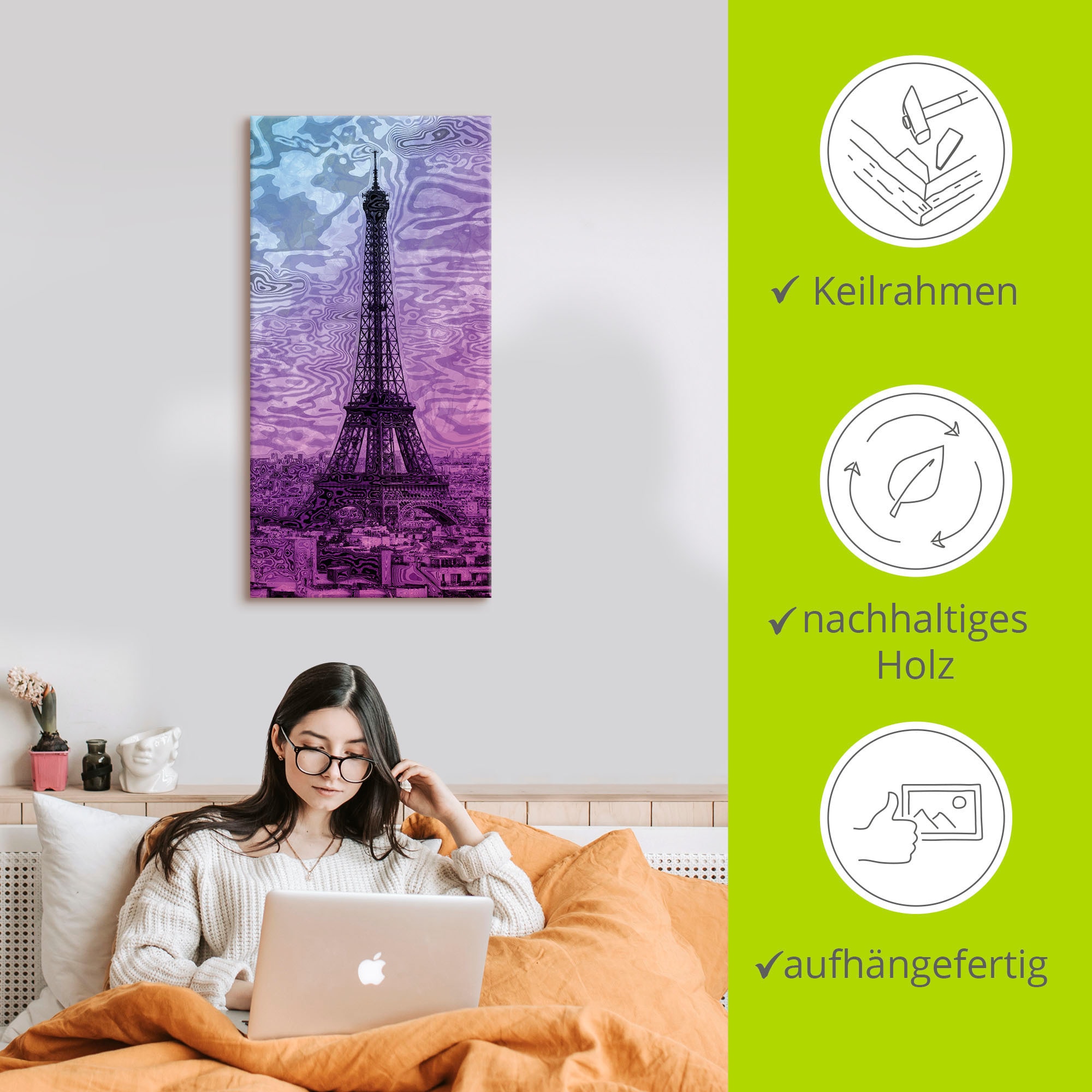 Artland Wandbild »Paris Eiffelturm Lila/Blau«, Gebäude, (1 St.), als Alubild, Outdoorbild, Leinwandbild in verschied. Grössen