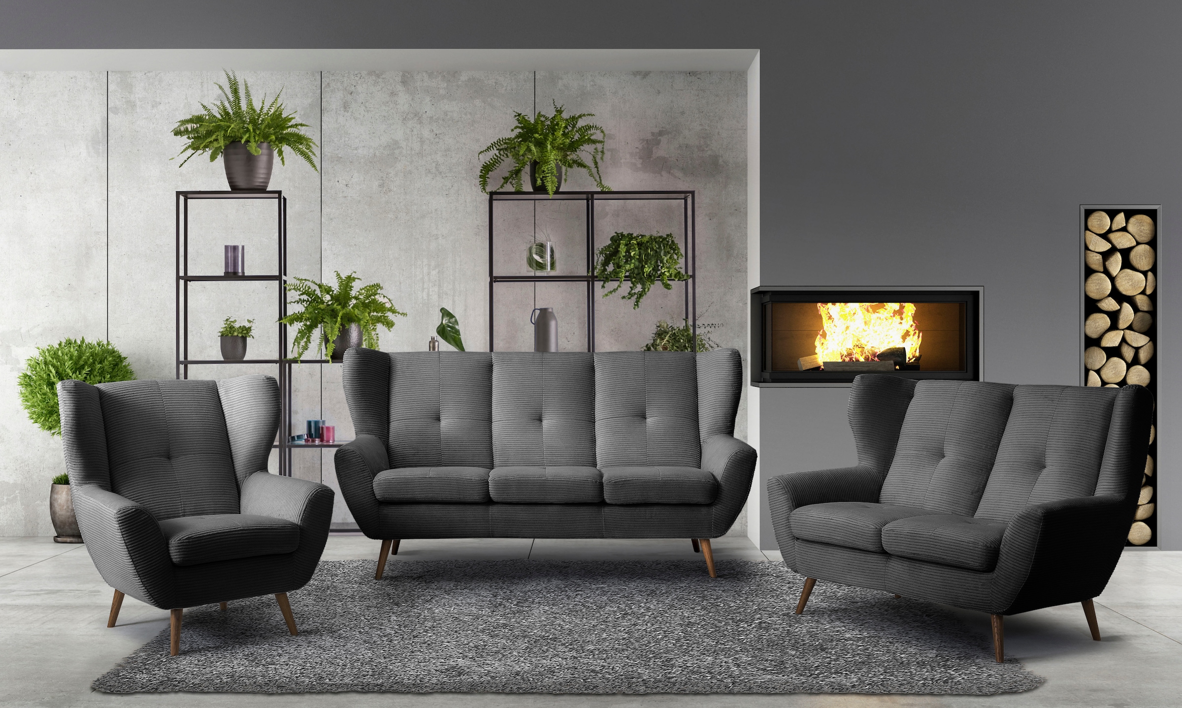 exxpo - sofa fashion 2-Sitzer »ALVESTA, Loungesofa, Küchensofa, hoher Sitzkomfort, Ohrenbackensofa«, gemütliche Rückenlehne, mit Knopfheftung und hohen Holzfüssen, in Cord