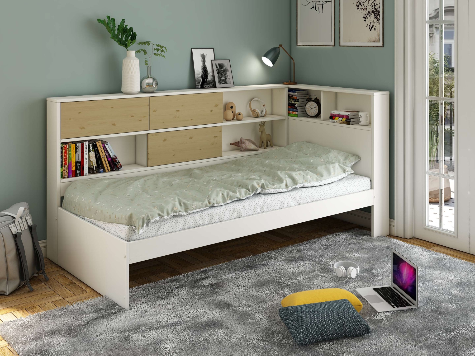 Home affaire Stauraumbett »Amance«, (Aussenmasse B/T/H: 110,2/220,1/106,9 cm), teilmassiv, FSC® zertifiziert, inklusive Lattenrost, viel Stauraum