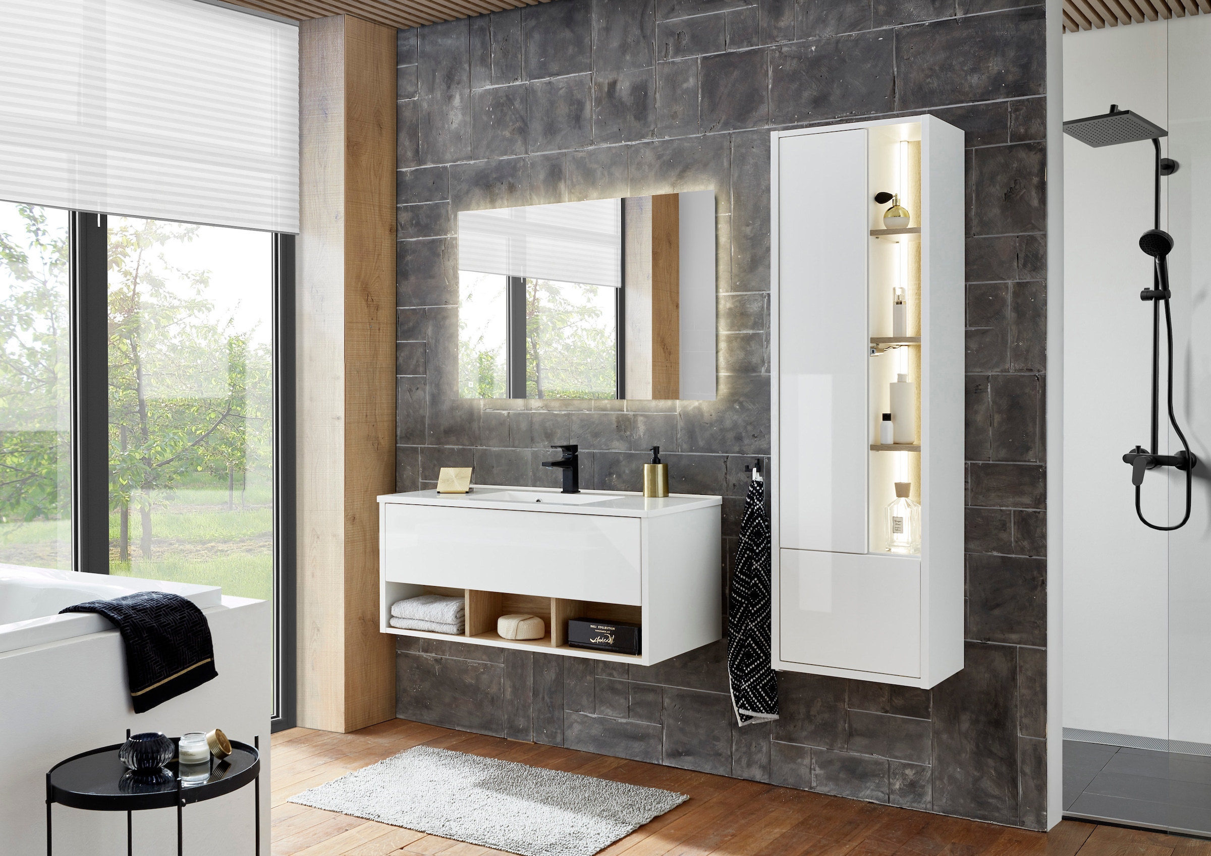 Places of Style Badmöbel-Set »Studio Line, Bad im modernen Design, 3-teiliges Badezimmer«, (3 St.), Schrank, Waschtisch und Spiegel, in zwei Farben verfügbar, Stauraum